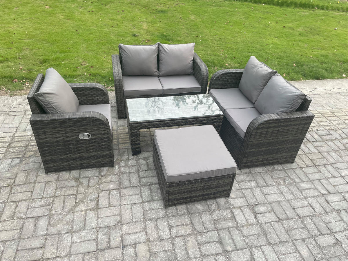 GARTENSOFA SET mit rechteckigem COUCHTISCH Polyrattan 8-Sitzer Dunkelgrau - Dunkelgrau/Grau, Glas/Kunststoff - Fimous