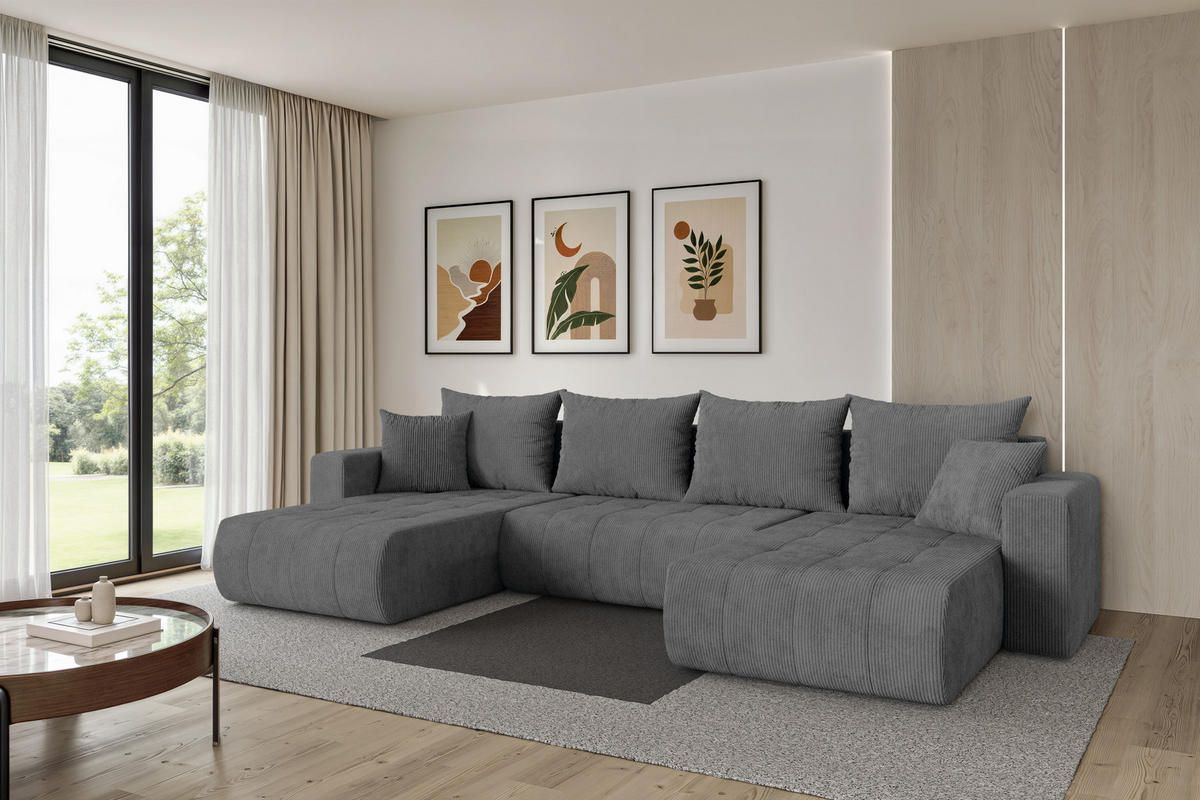 SEDACÍ SOUPRAVA DO U s funkcí spaní a úložným prostorem MILA-U 378x194x86 tmavě šedá manšestr - černá/tmavě šedá, kompozitní dřevo/textil (378/86/194cm) - ALTDECOR