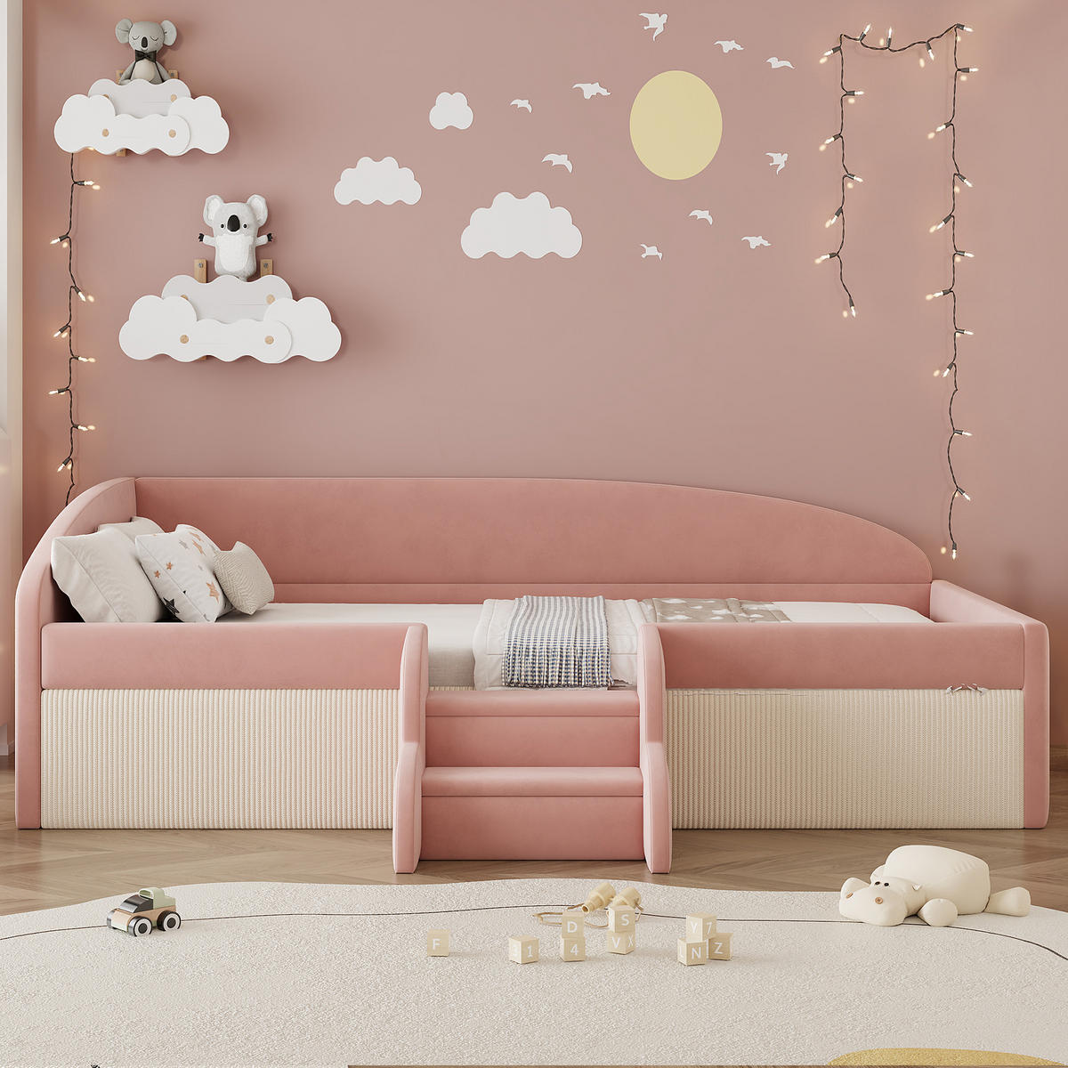 KINDERBETT 90/190 cm rosa-cremeweiß mit Sicherheitsdesign und Samtbezug - Pink, Textil (90/190cm) - OKWISH