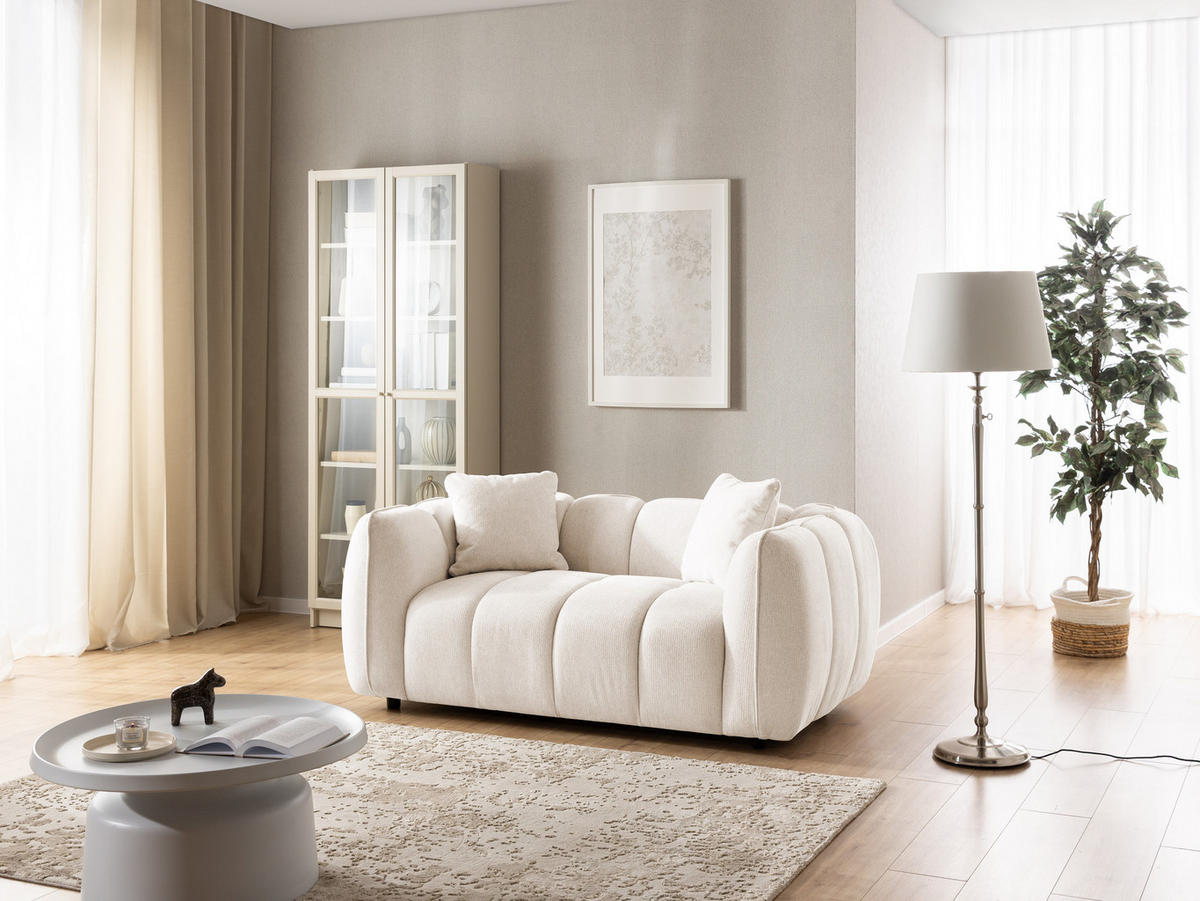 SITZGARNITUR 3+2 Nubira in tief gesteppter Bubble-Optik aus weichem Creme Strukturstoff im modernen Design - Creme/Schwarz, Holz/Kunststoff (228/69/89cm) - S-Style Möbel