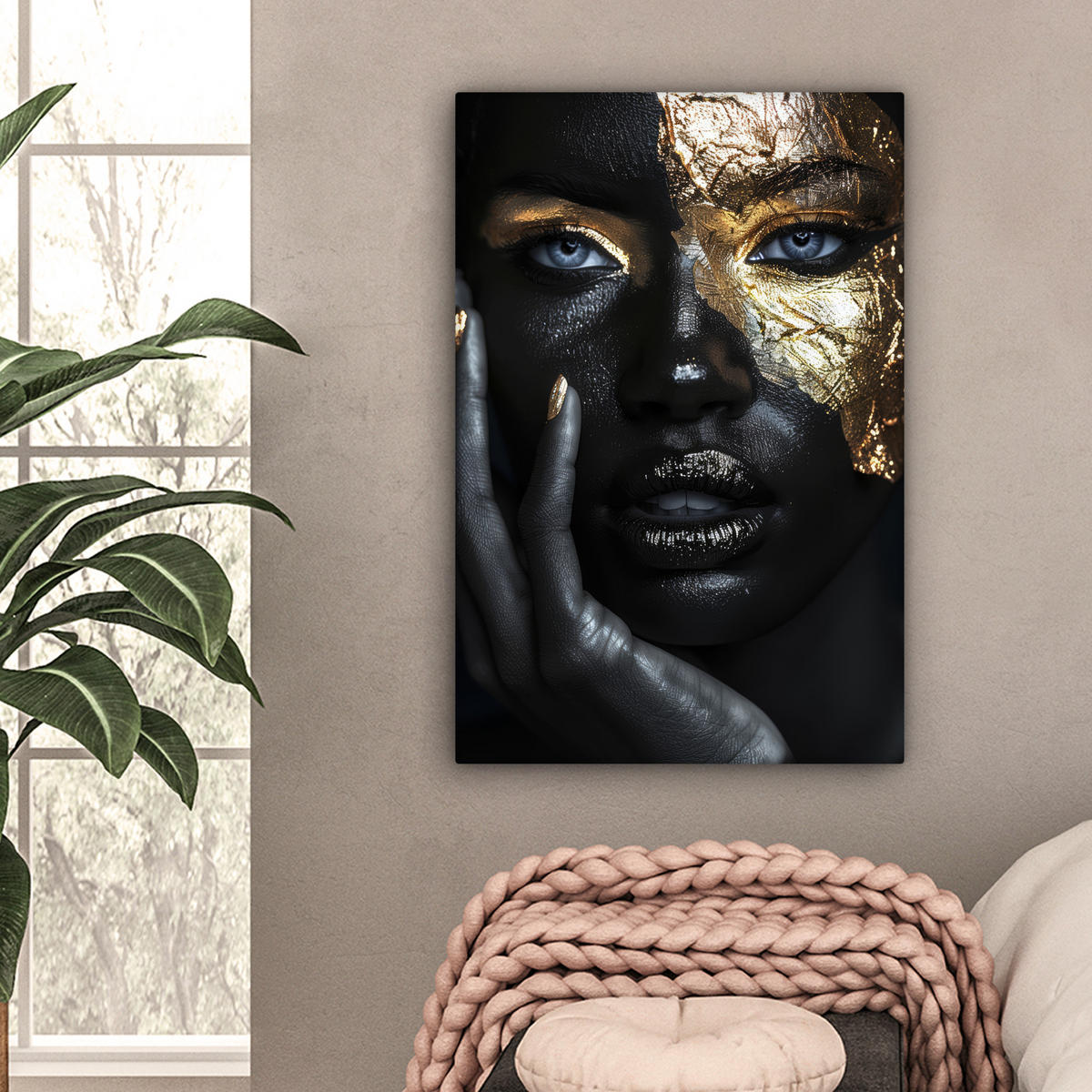 LEINWANDBILD Frau - Gold - Porträt - Schwarz-Weiß - Luxus 40x60 cm - Hellblau, Textil (40/60cm) - MuchoWow