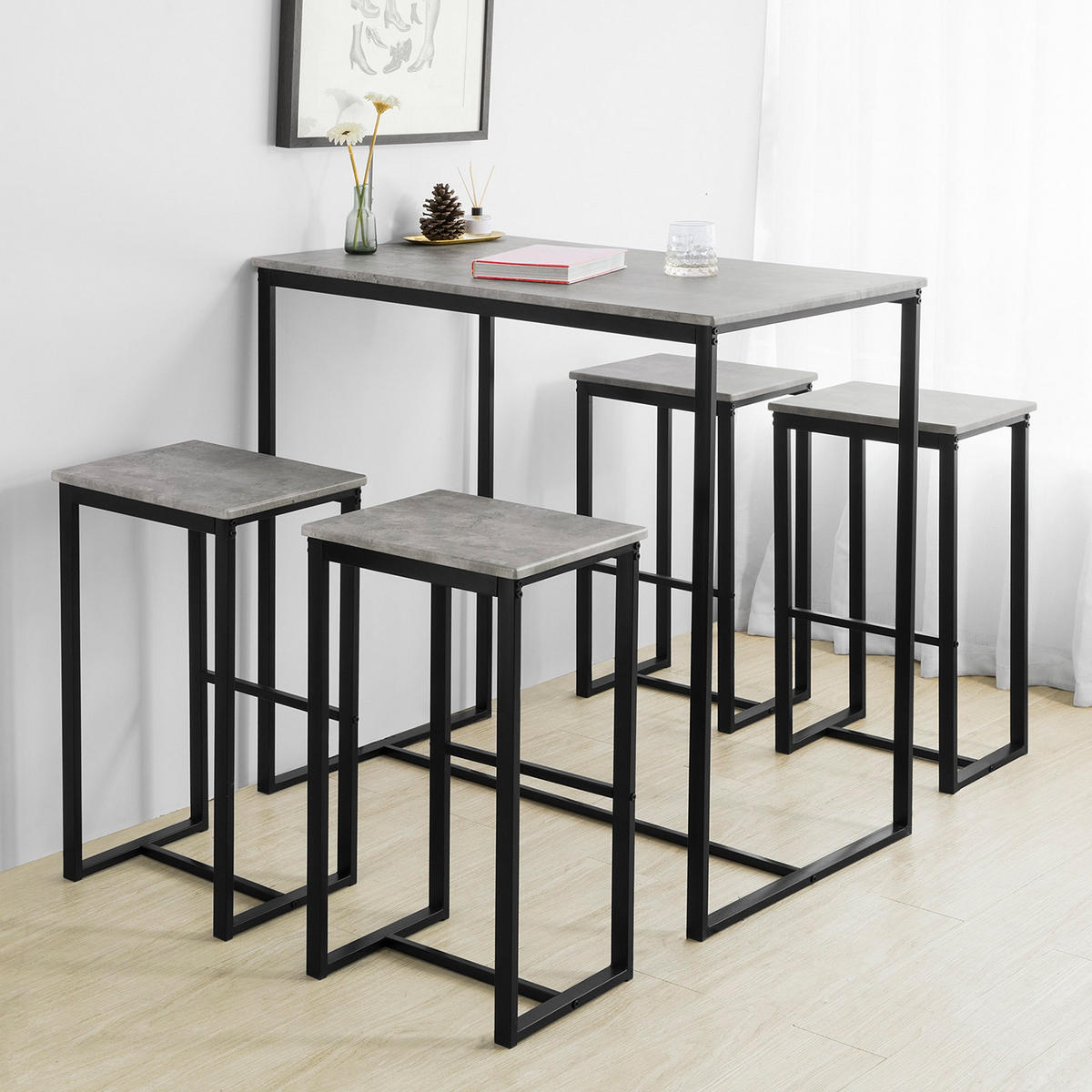 BARTISCH + 4 x BARHOCKER - Grau, Holzwerkstoff (100/96/60cm) - SoBuy