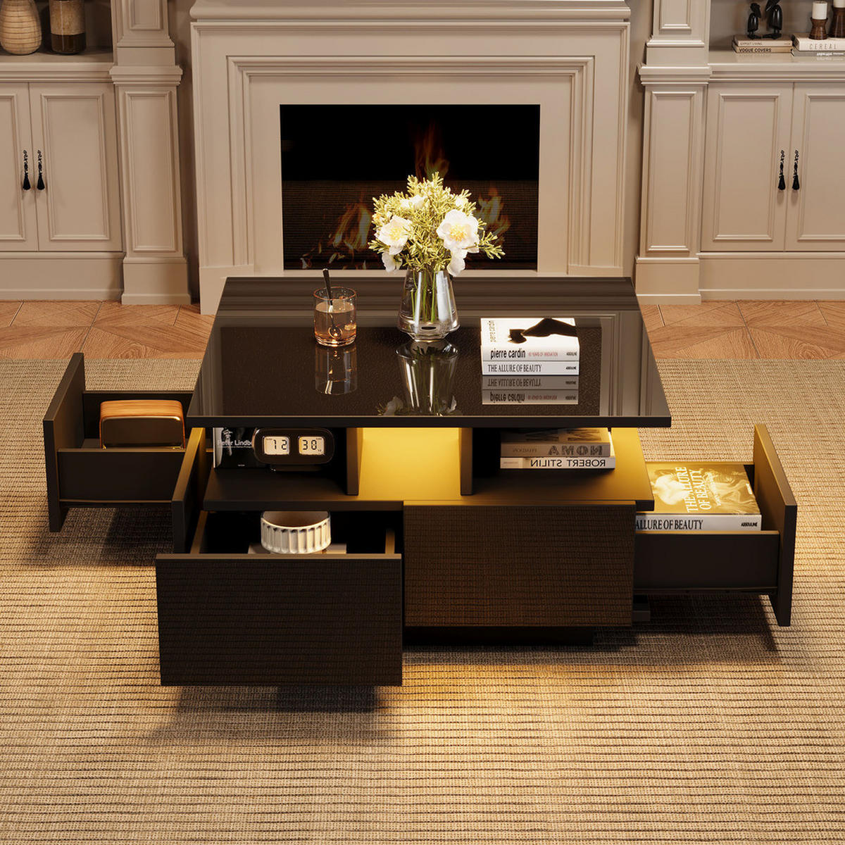 COUCHTISCH 70x70cm Schwarz Hochglanz LED 4 Schubladen Geometrisch 30kg Belastung - Schwarz, Holz (52.07/49.61/20.32cm) - FLIEKS