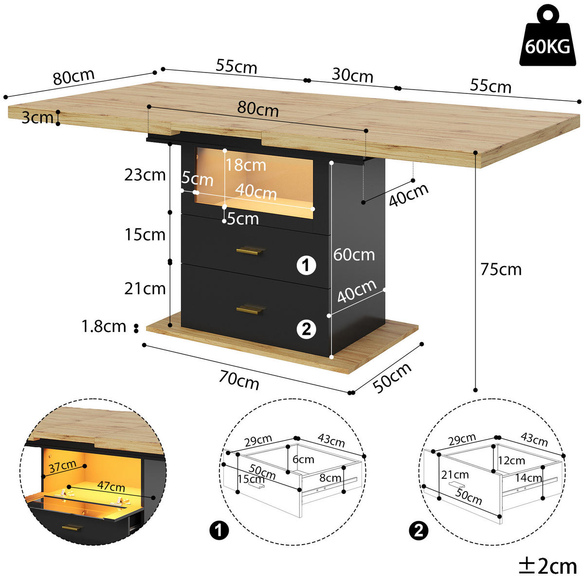 JEDÁLENSKÝ stôl 110/140/80/75 cm dekor dreva MDF/kov čierny s LED osvetlením - prírodná farba, kompozitné drevo (140/80/75cm) - BEAOK