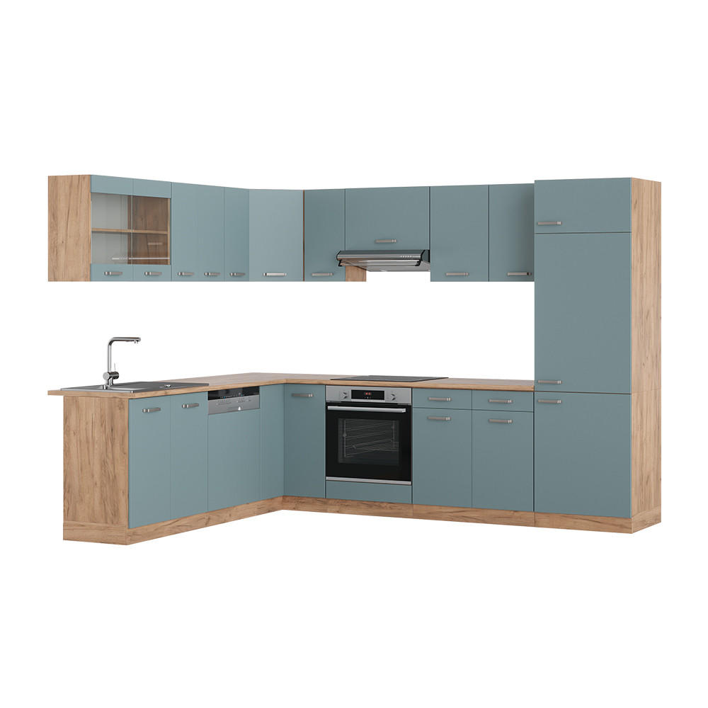 ECKKÜCHE R-Line Blau-Grau/Goldkraft Eiche 227 x 287 cm ohne AP - Honigeiche/Blaugrau, Holzwerkstoff (287/81.6/46cm) - Vicco