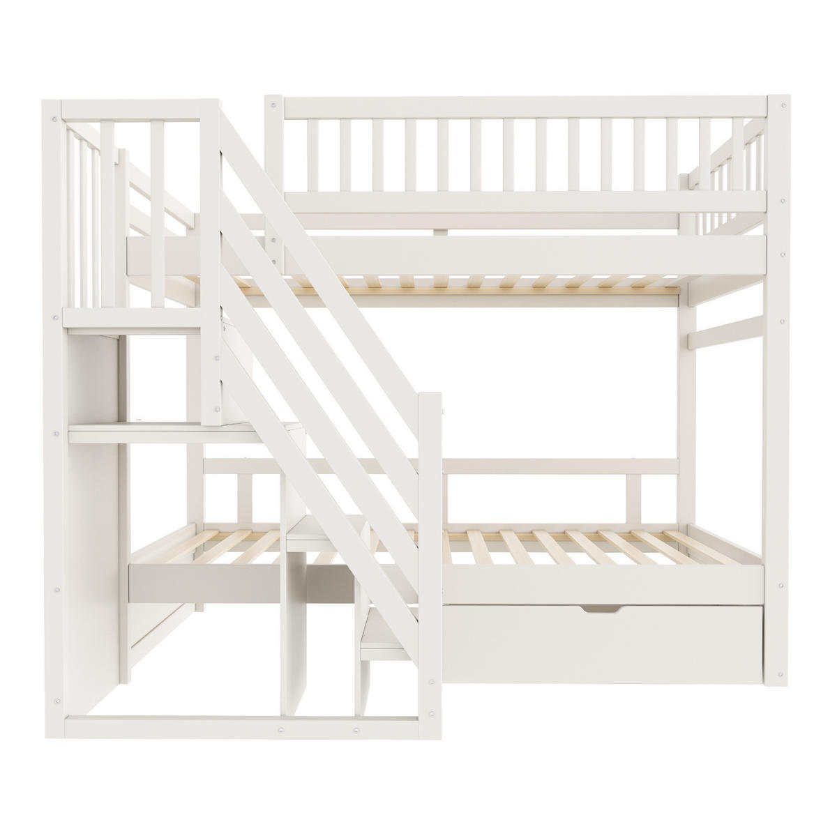 ETAGENBETT aus 90x200 cm Weiß mit Lattenrost, Sicherheitsgeländer, Treppe mit Stauraum und Schublade - Weiß, Holzwerkstoff (90/200cm) - Modfu