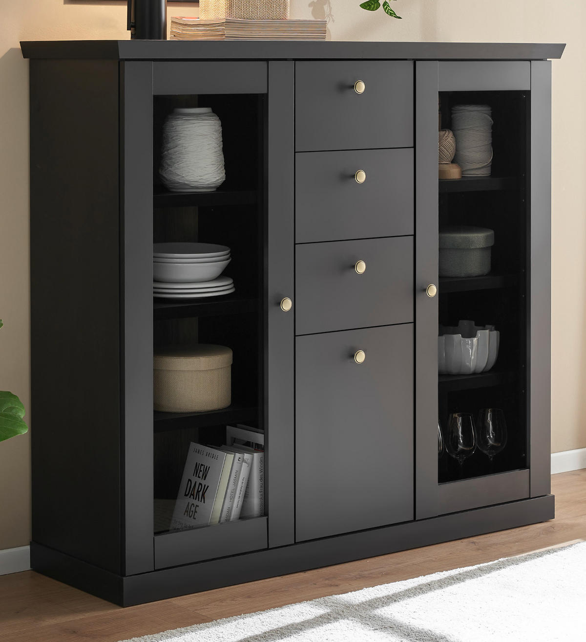 HIGHBOARD schwarz matt, Eiche 129 cm, Kommode Landhaus mit Soft-Close - Eichefarben/Messingfarben, Glas/Holzwerkstoff (129/117/42cm) - Furn.Design