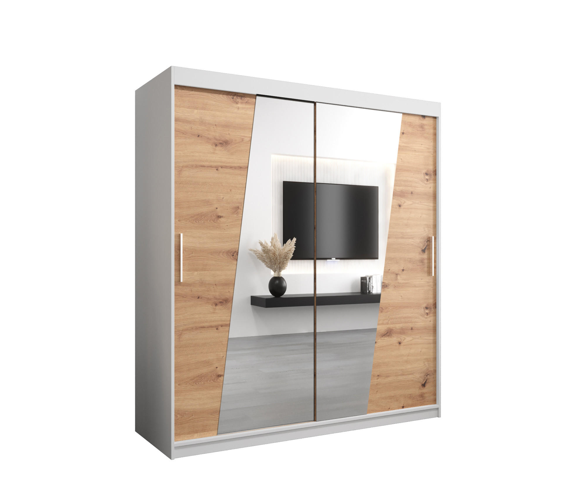 Abiks Möbel Schwebetürenschrank Weiß, Eiche Artisan 180x200x62 cm