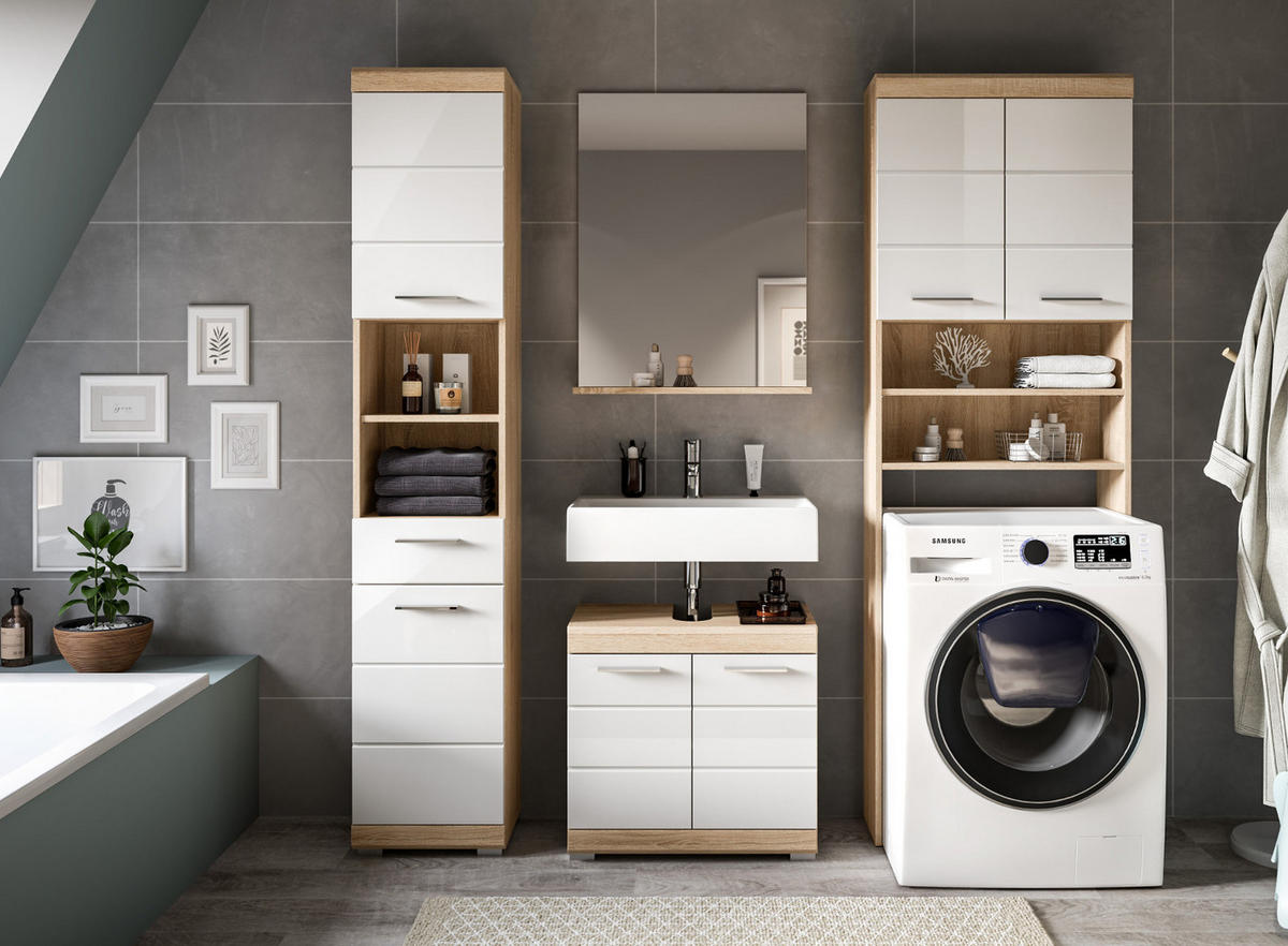 BADMÖBEL-SET weiß Hochglanz, Eiche 4-teilig 190 cm, Komplettset mit viel Stauraum - Weiß Hochglanz/Eichefarben, Glas/Holzwerkstoff (190/191/34cm) - Inn.Furn