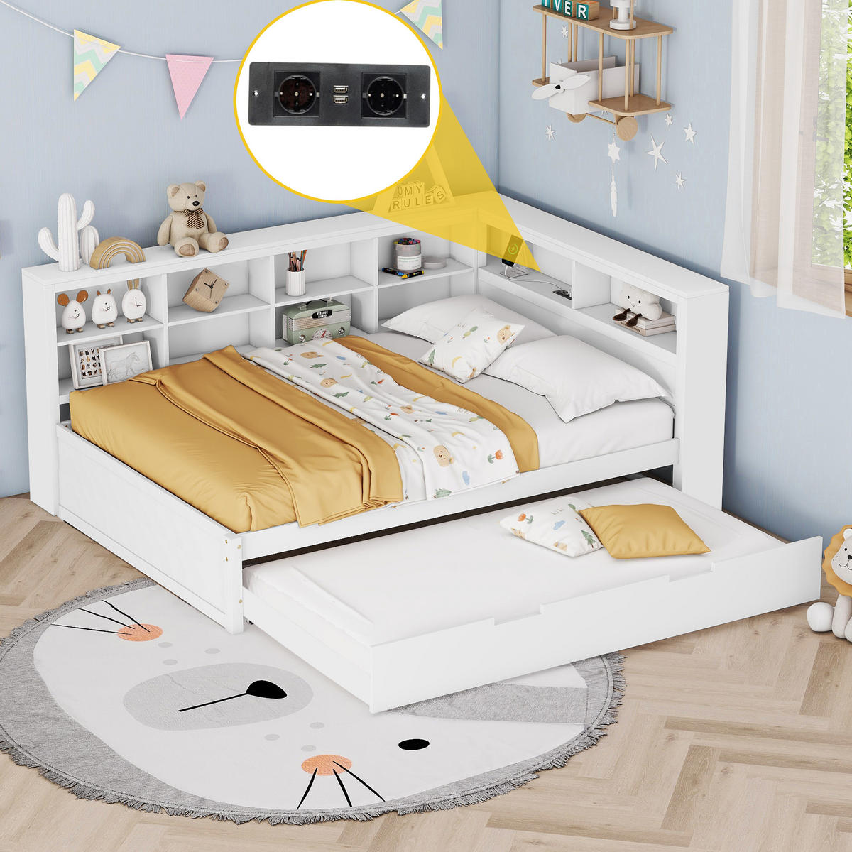 MULTIFUNKTIONSBETT 140/200 cm Weiß mit Ausziehbett und USB-Steckdose - Weiß, Holz (140/200cm) - OKWISH