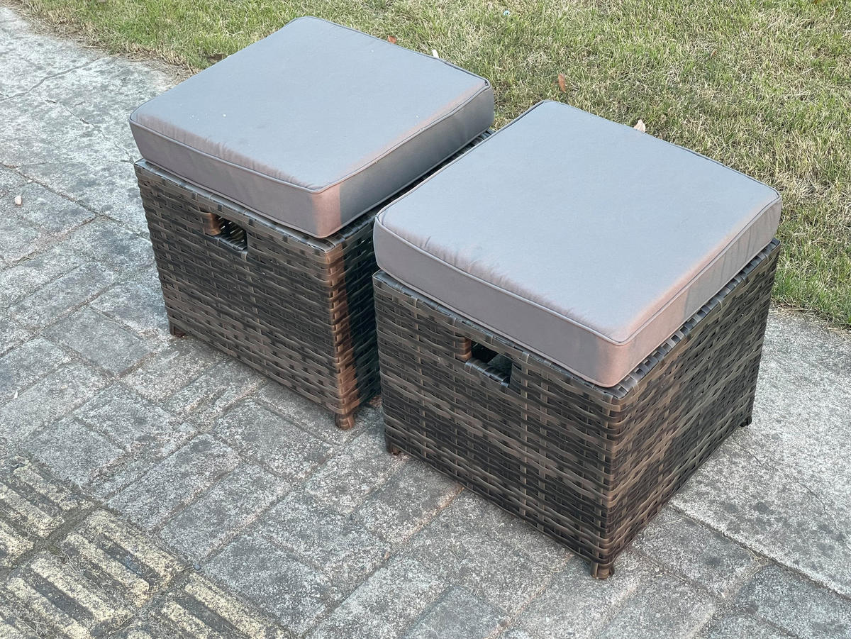 GARTENMÖBELSET mit 2 kleinen Hockern Polyrattan 6-Sitzer - Dunkelgrau/Grau, Glas/Kunststoff - Fimous