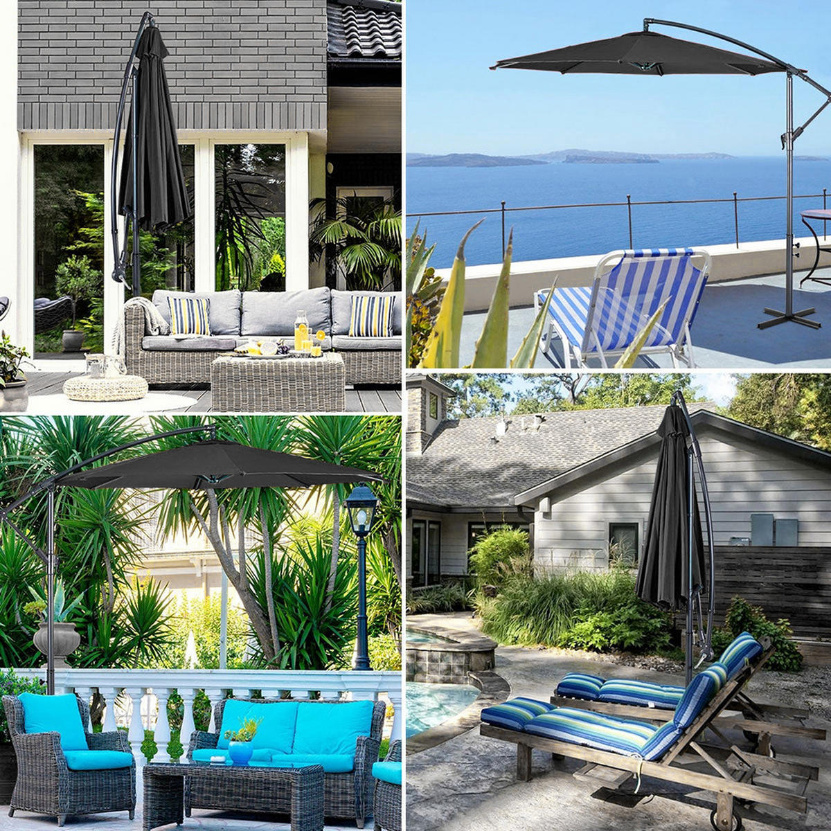 AMPELSCHIRM aus Polyester Metall in Schwarz und befüllbarer Kunststoff-Sockel mit dem Rollen UV-Schutz wetterfest drehbar 360° neigbar 60° 3 x 2.6m - Schwarz, Metall (260/50cm) - Livingandhome