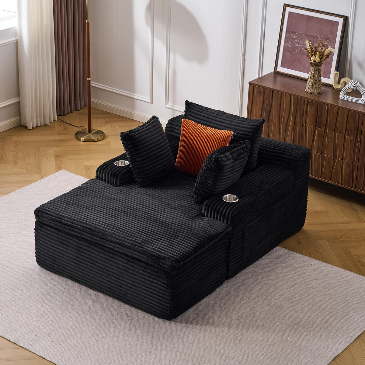 KLAPPSOFA mit 2-in-1-Funktionskissen, Cordstoff - Schwarz - Schwarz, Textil (113/63/164cm) - KOMHTOM