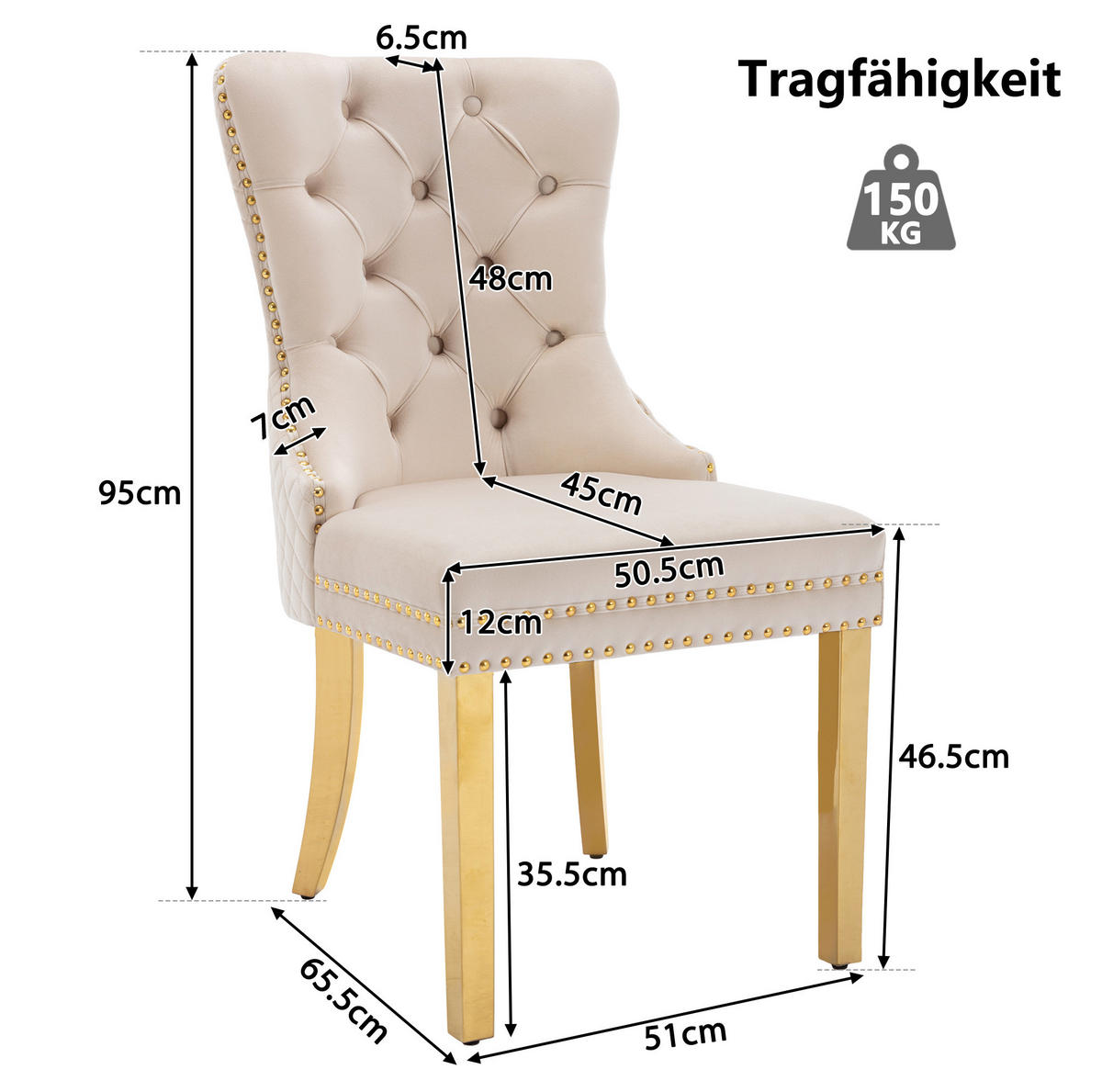ESSZIMMERSTUHL mit Türklopfer 50,5 x 45 x 95 cm Samt Beige - Beige, Metall (45/95/50.5cm) - Meubliv