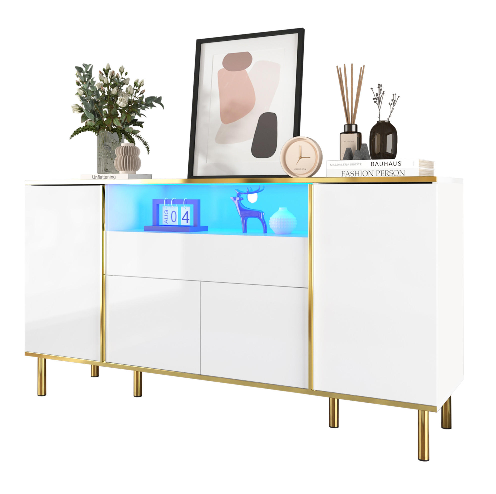 OKWISH KOMODA 150/40/80 cm biela s LED osvetlením a zásuvkou z MDF a drevotriesky