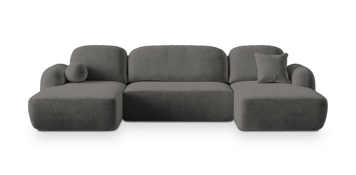 WOHNLANDSCHAFT SAVONA K Grau Plüsch-Stoff mit Schlaffunktion - Grau, Holz (320/90/148cm) - MASSENO