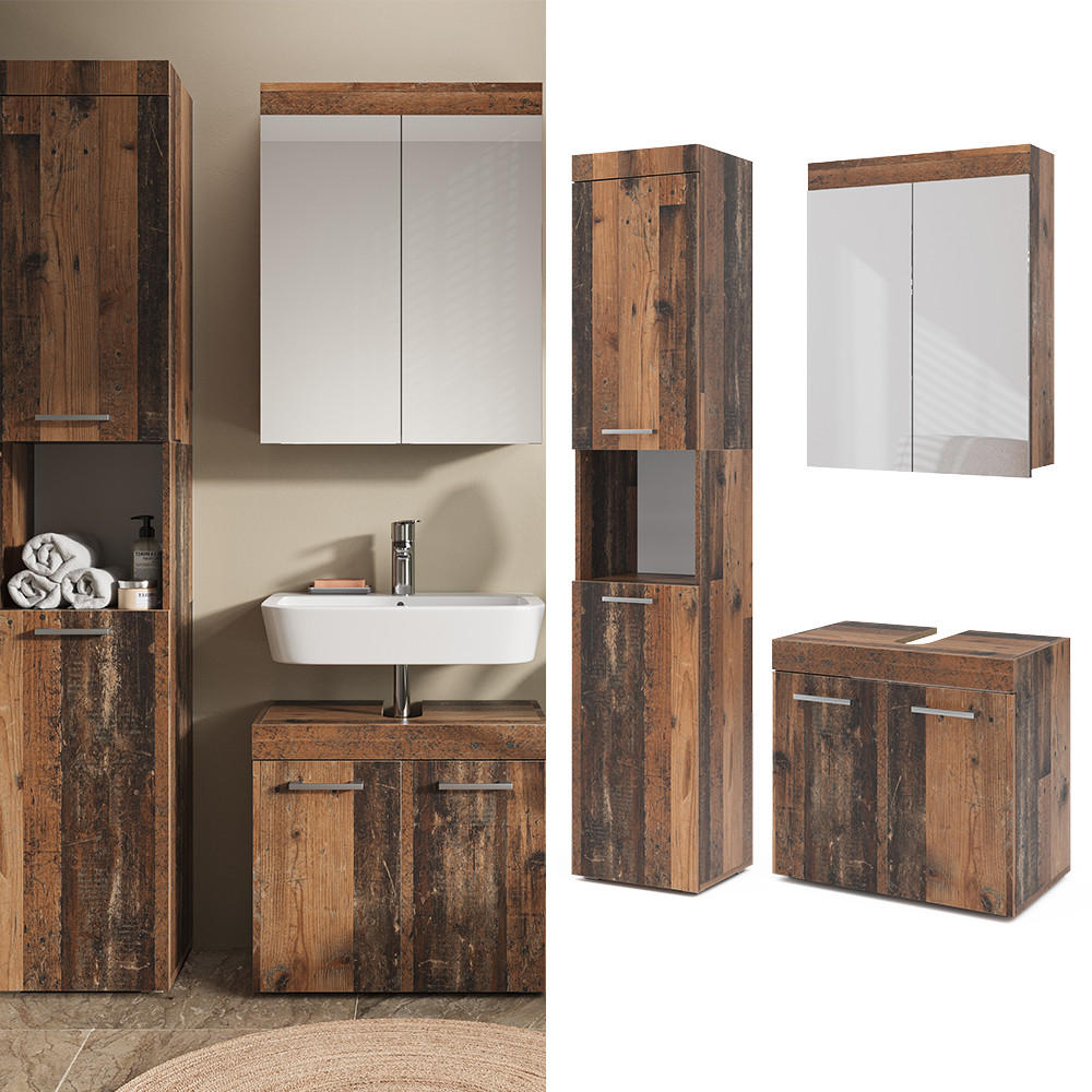 BADMÖBEL-SET Luna Oldstyle 3 Teile, mit Hochschrank - Braun, Holzwerkstoff (60/56/34cm) - Vicco