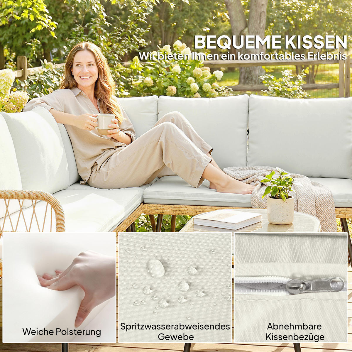 LOUNGESET 4 TLG. aus Polyrattan Stahl Cremeweiß - Transparent/Creme, Kunststoff/Metall - Outsunny