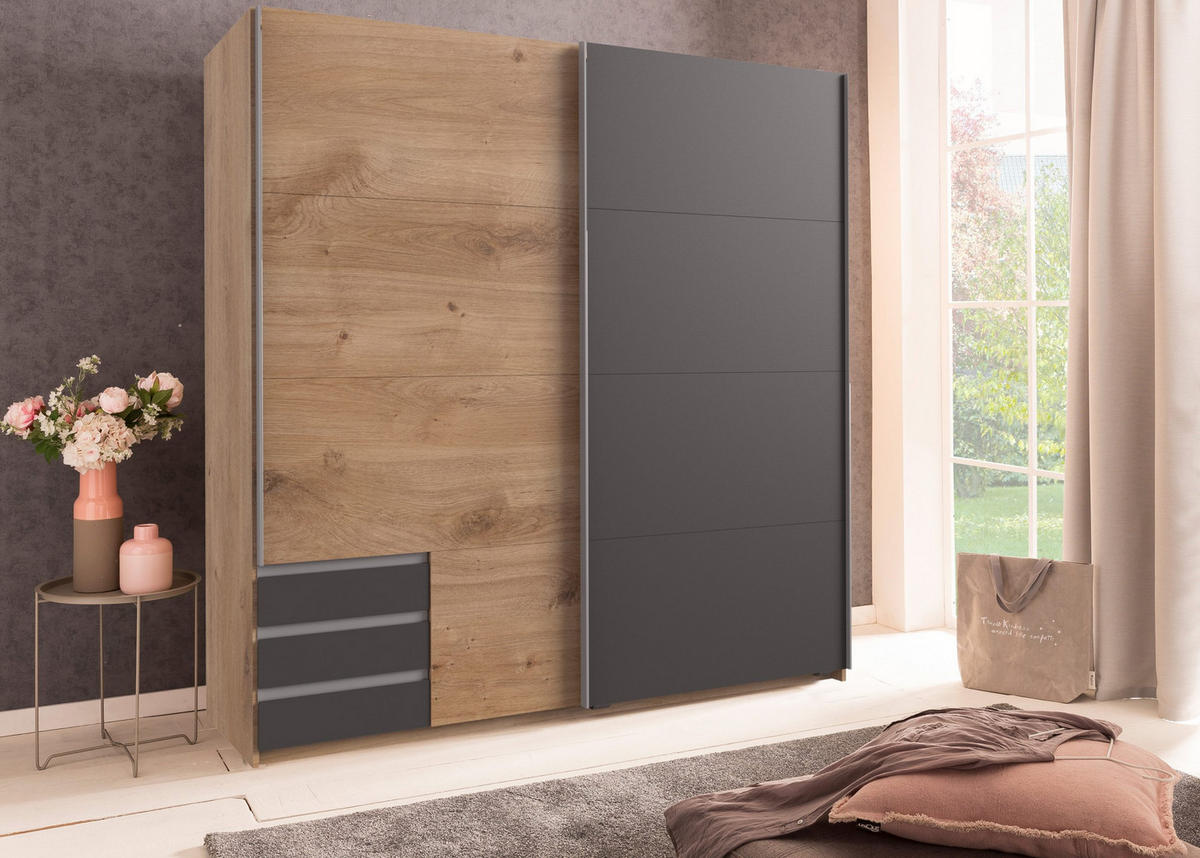 KLEIDERSCHRANK Emden in Plankeneiche mit Graphit - Schwebetürenschrank Breite 179 cm ohne Spiegel - Braun, Holzwerkstoff (179/198/65cm)
