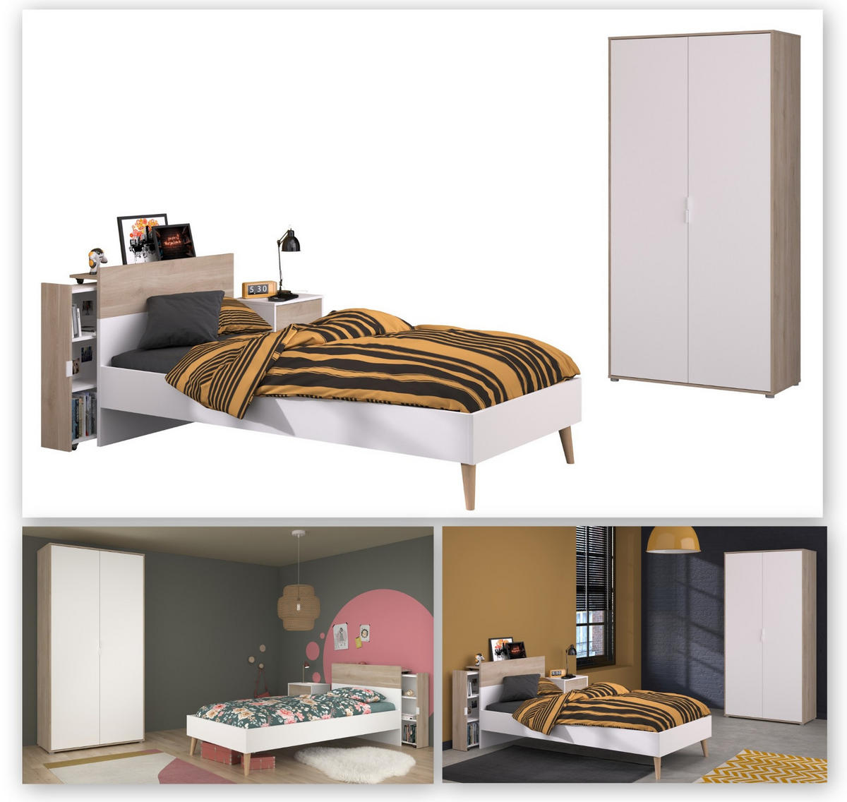 JUGENDZIMMER weiß, Eiche, Komplett-Set 4-teilig mit Stauraum - Eichefarben/Weiß, Holzwerkstoff/Kunststoff (95/205/206cm) - Parisot Meuble