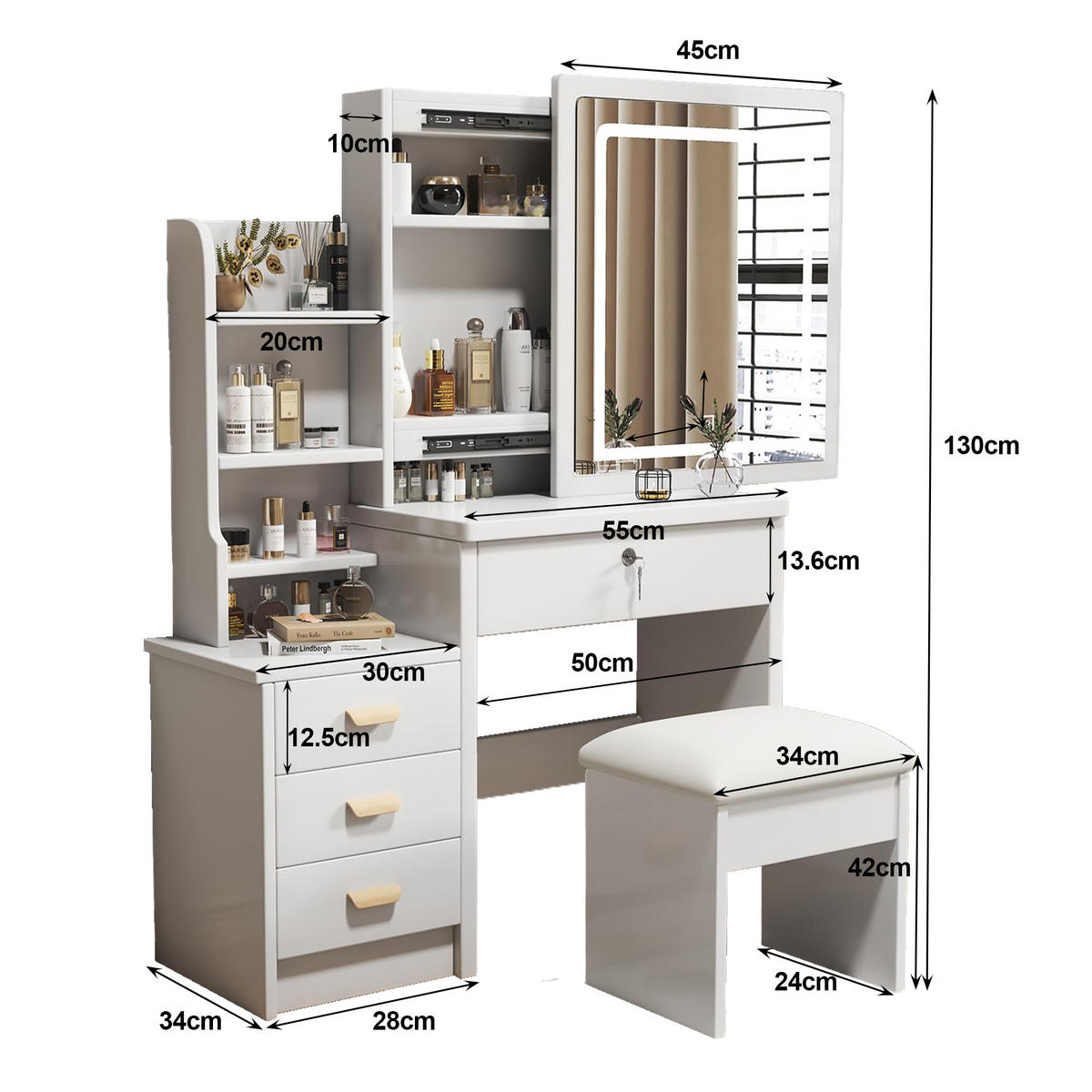 SCHMINKTISCH-SET 85 cm in Weiß mit LED-Spiegel, Hocker & verspiegelten Schiebetüren - Weiß, Holzwerkstoff (85/130/36cm) - Urban Meuble