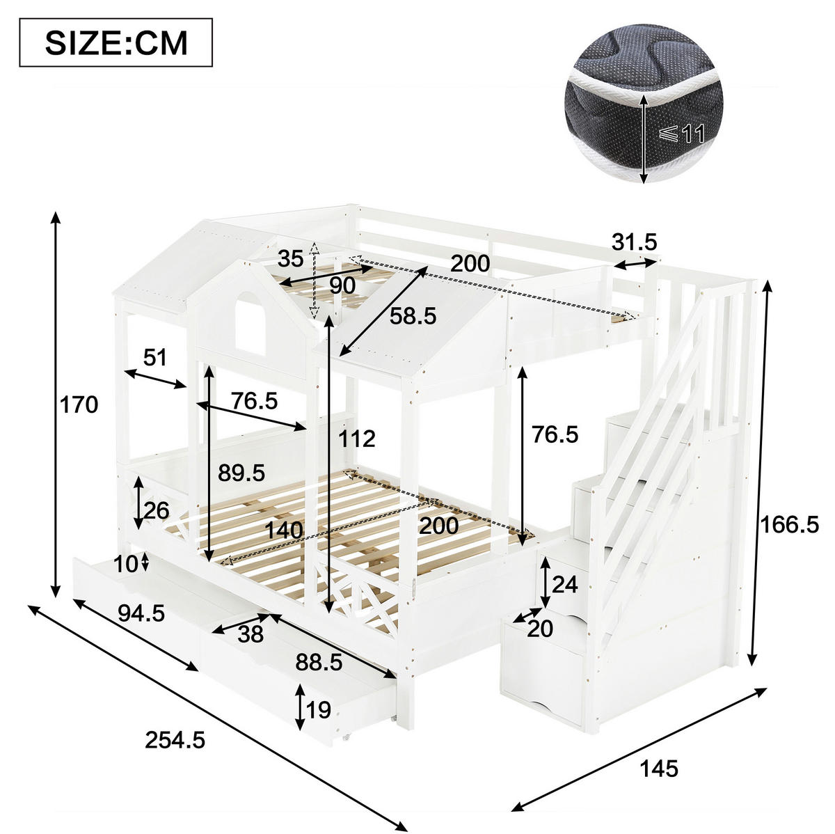 ETAGENBETT 90/200 cm & 140/200 cm mit 2 Schubladen, Treppenschrank und Hausdach aus Holz, Weiß - Weiß, Holz (90/200cm) - Redom