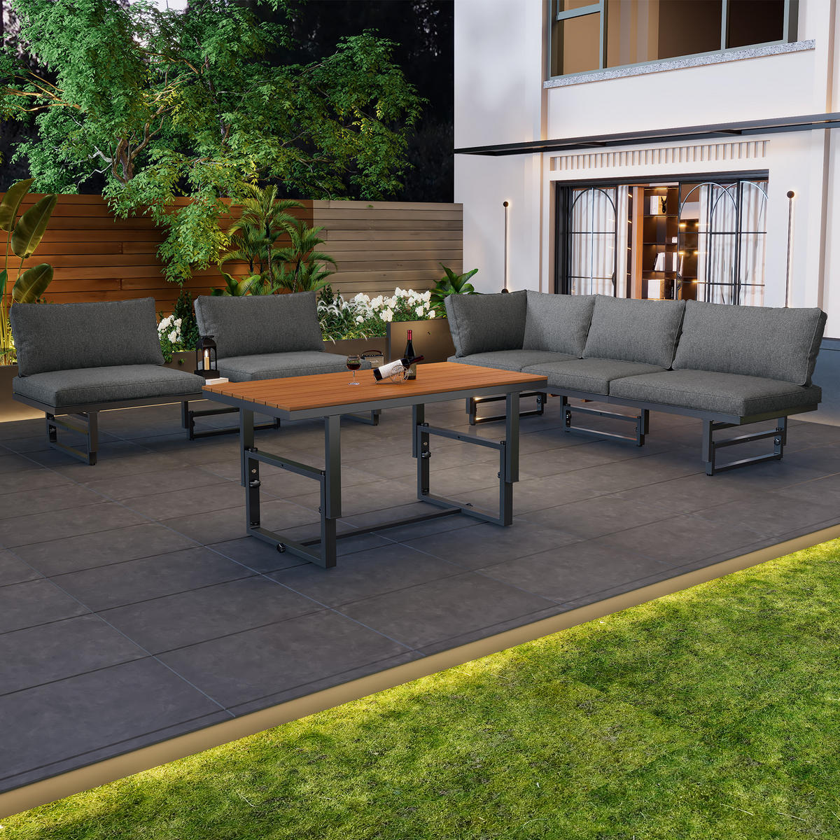 GARTENLOUNGE-SET mit 2 Sofas, Tisch Gartenlounge Set mit aller Sitzkissen und Kissen - Naturfarben/Grau, Holzwerkstoff/Textil - STILVORA