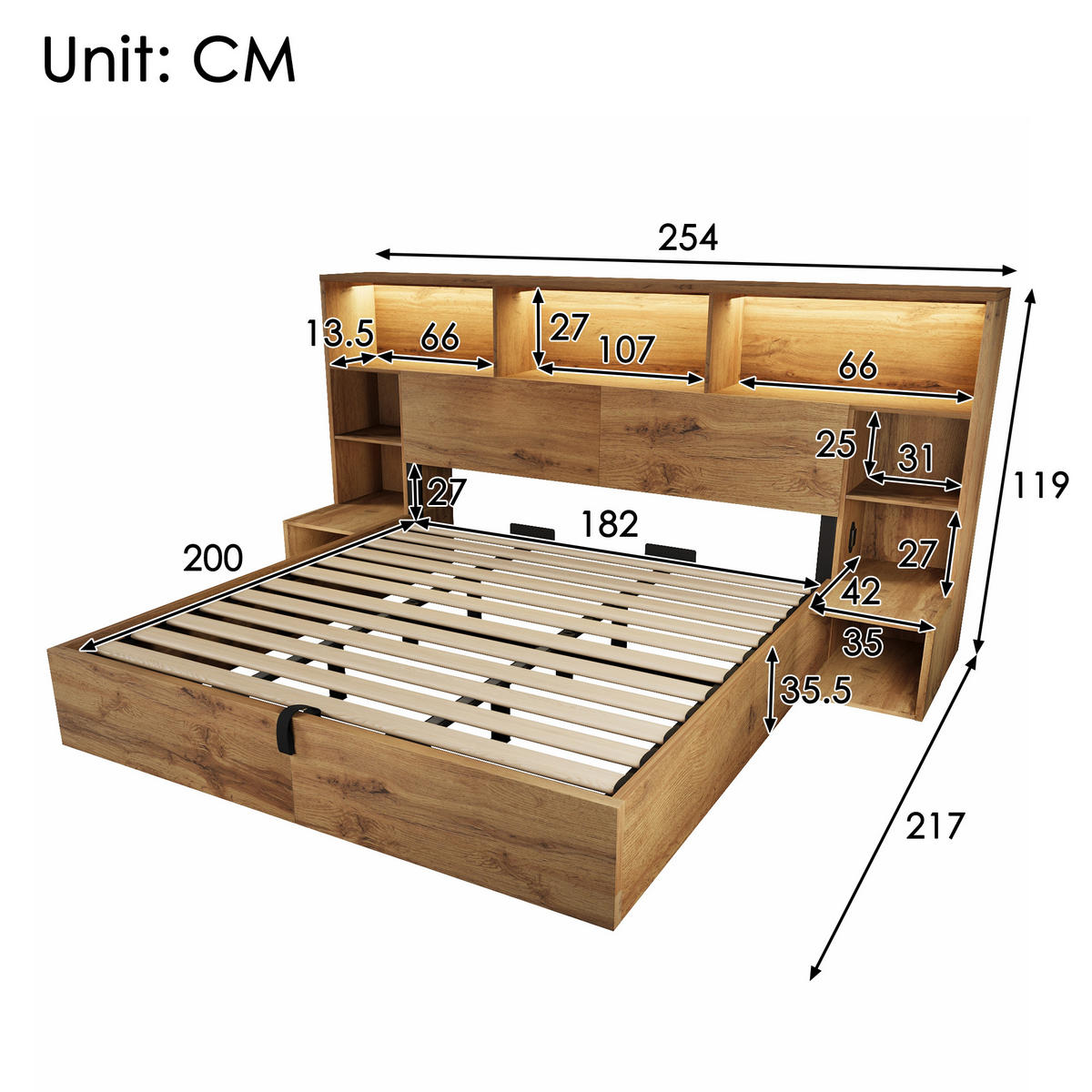 STAURAUMBETT 180/200 cm DE-00801, in Eiche, Hydraulik und Nachttischen - Eichefarben, Holz (180/200cm) - ComfortXL