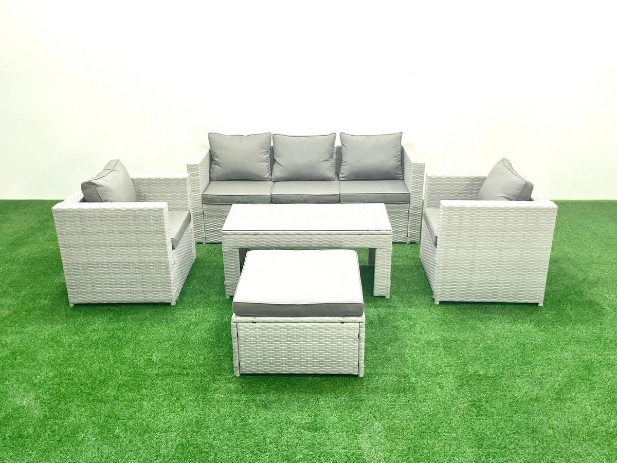 GARTENSET mit 3-SITZER SOFA,COUCHTISCH Polyrattan Hellgrau-Mix 6-Sitzer - Hellgrau/Grau, Glas/Kunststoff - Fimous