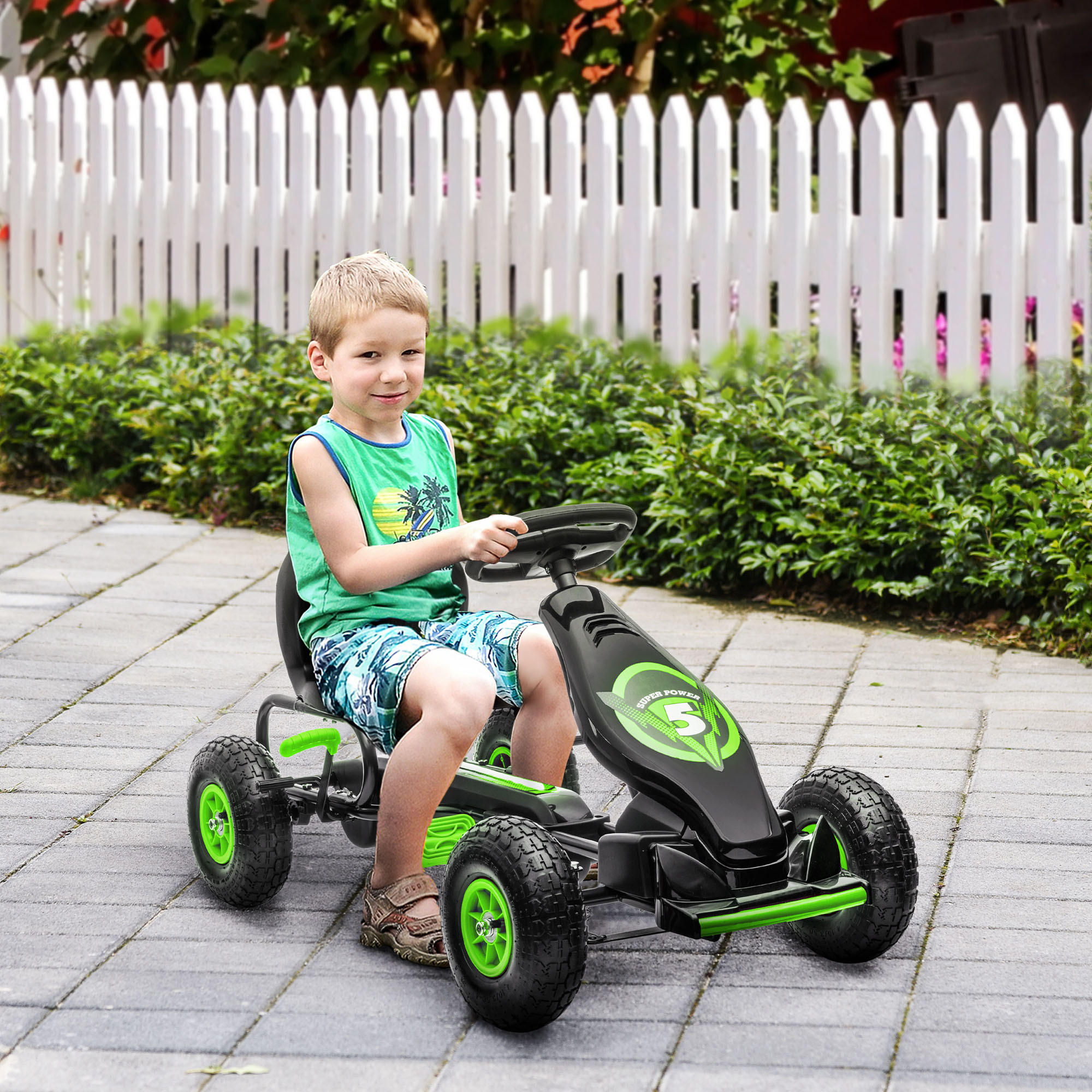 KINDER GO KART TRETAUTO, Blau+Schwarz/Grün+Schwarz/Rot+Schwarz, Metall - Grün, Metall (121/58/61cm) - HOMCOM