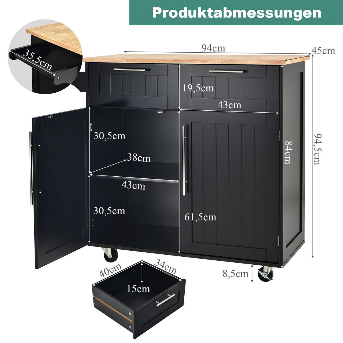 KÜCHENWAGEN servierwagen mit rollen Schwarz - Schwarz, Holz (46/95/94cm) - COSTWAY