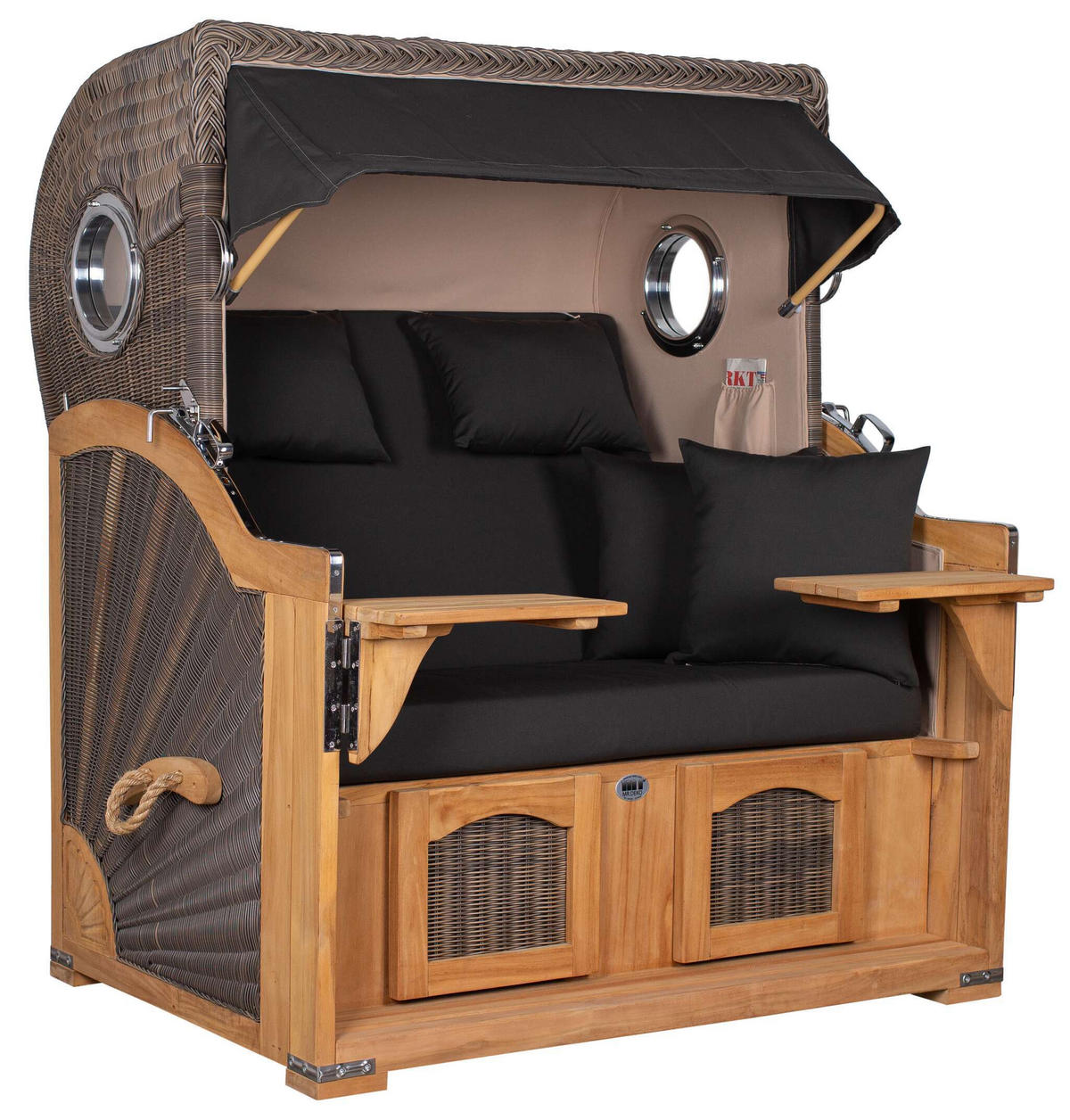 STRANDKORB Düne Grande Bullauge Teak PE Grey Dessin 548 - Schwarz/Braun, Metall (142/170/95cm) - Mr. Deko