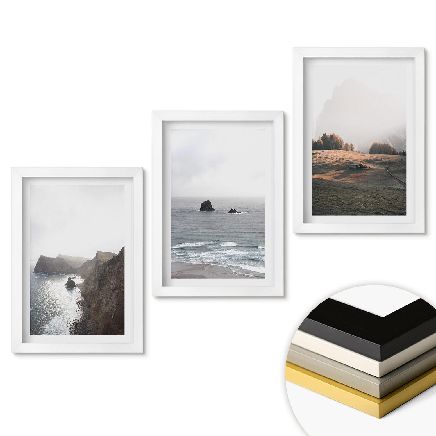 WANDBILDER 3er-Set - 20x30 cm Weißer Rahmen - Landschaften aus Bergen und Meer - Weiß, Kunststoff (20/30cm) - ArtPrintCave