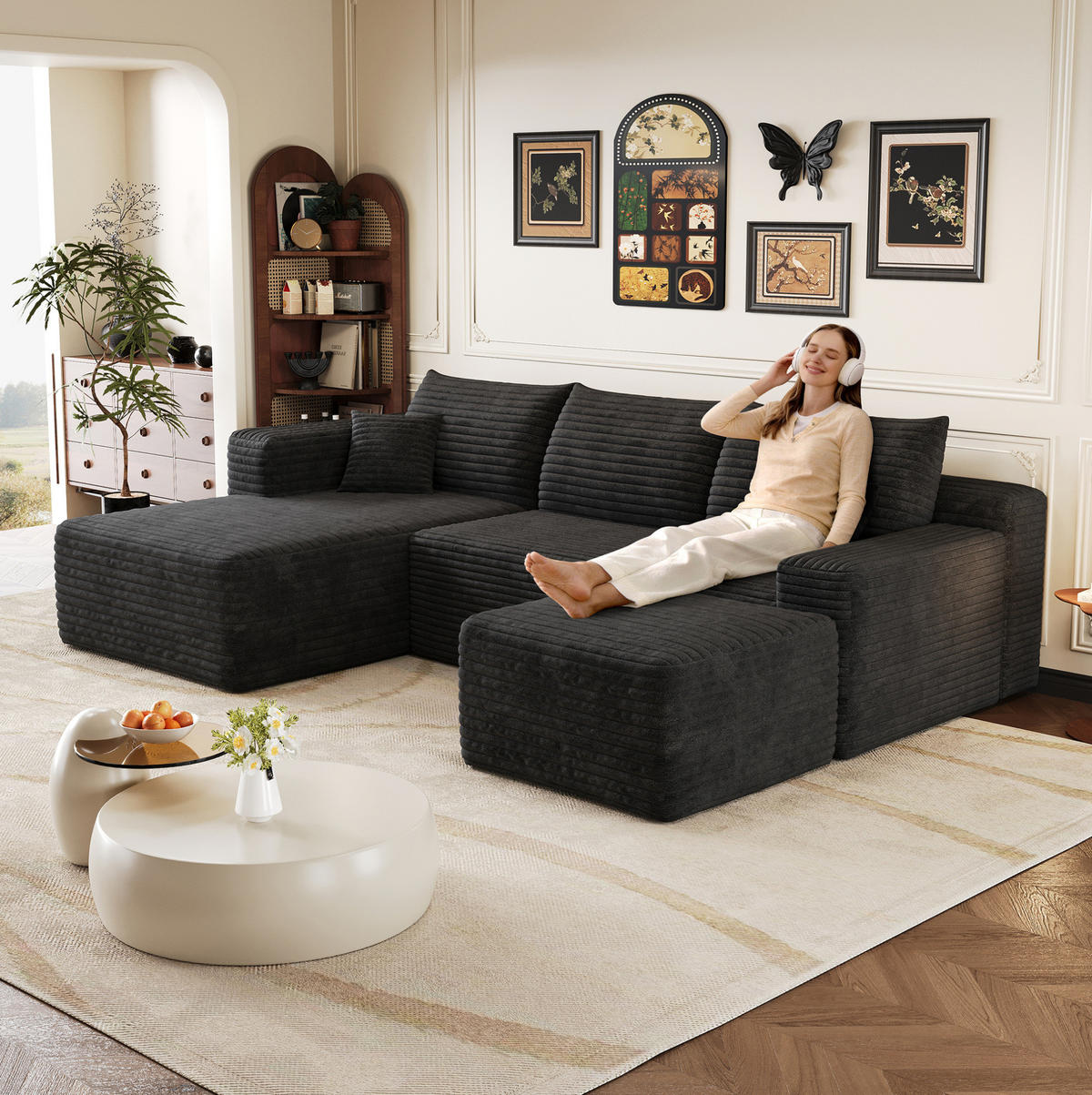 ECKSOFA 241 cm aus Stoff mit Cordbezug und Chaiselongue Schwarz - Schwarz, Textil (151/241cm) - Modenvie