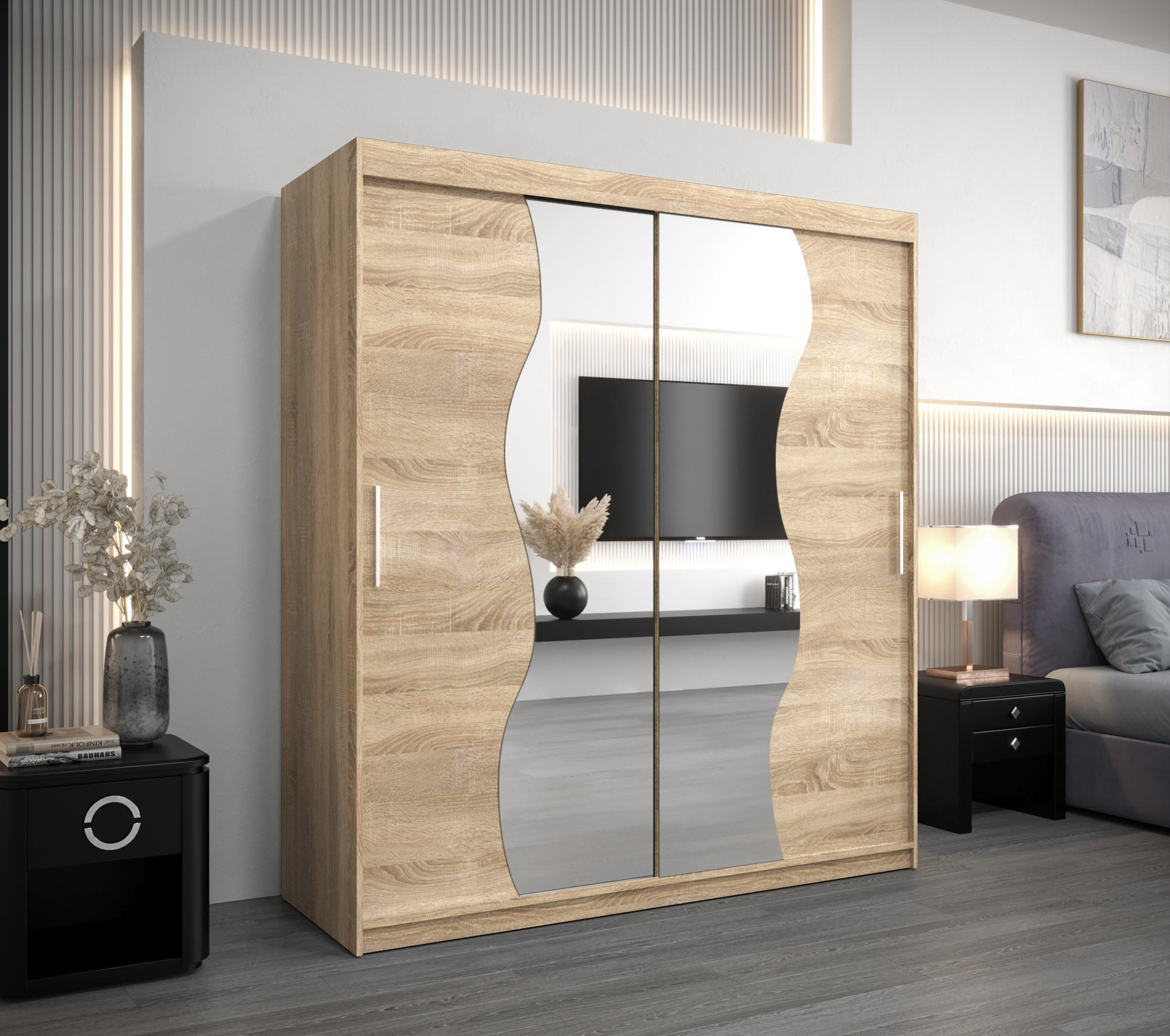 SCHWEBETÜRENSCHRANK 200/180/62 2-türig - Silberfarben/Sonoma Eiche, Holz/Kunststoff (180/200/62cm) - Abiks Möbel