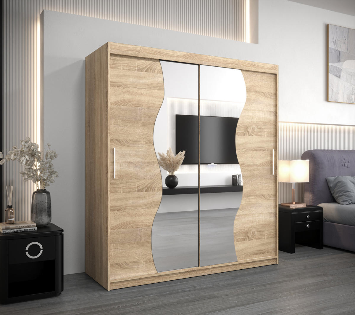 SCHWEBETÜRENSCHRANK 200/180/62 2-türig - Silberfarben/Sonoma Eiche, Holz/Kunststoff (180/200/62cm) - Abiks Möbel