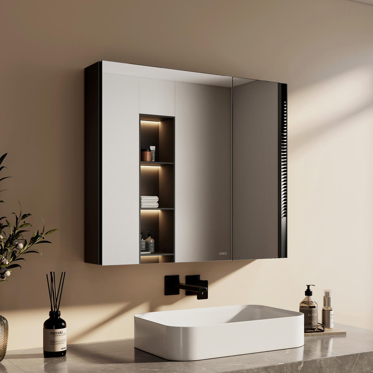 SPIEGELSCHRANK Schwarz 75/65/14,5 - Schwarz, Metall (65/65/75cm) - EMKE