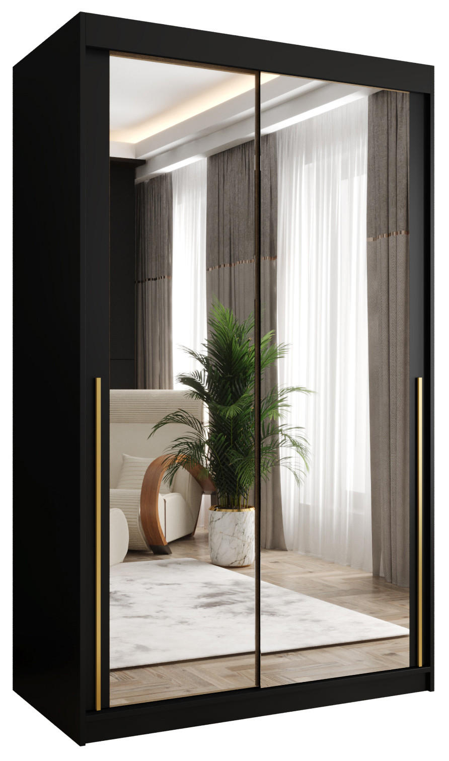SCHIEBETÜRENSCHRANK mit Spiegel 120 cm Breite, Schwarz mit goldenem Griff - Goldfarben/Schwarz, Holzwerkstoff (120/200/62cm) - Home Collective