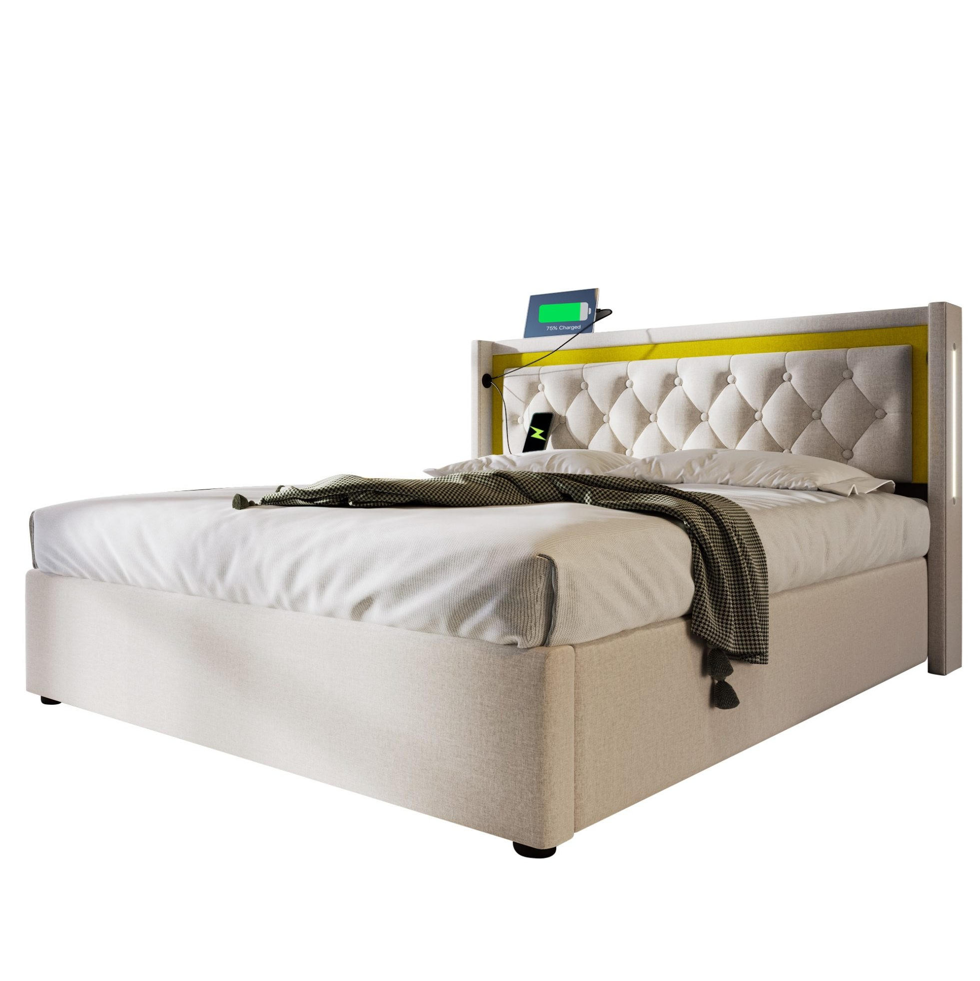 POLSTERBETT 140/200 cm mit LED, Bettkasten (Gasdruck), USB & Typ-C, Lattenrost inklusive,Beige - Beige, Textil (140/200cm) - Redom