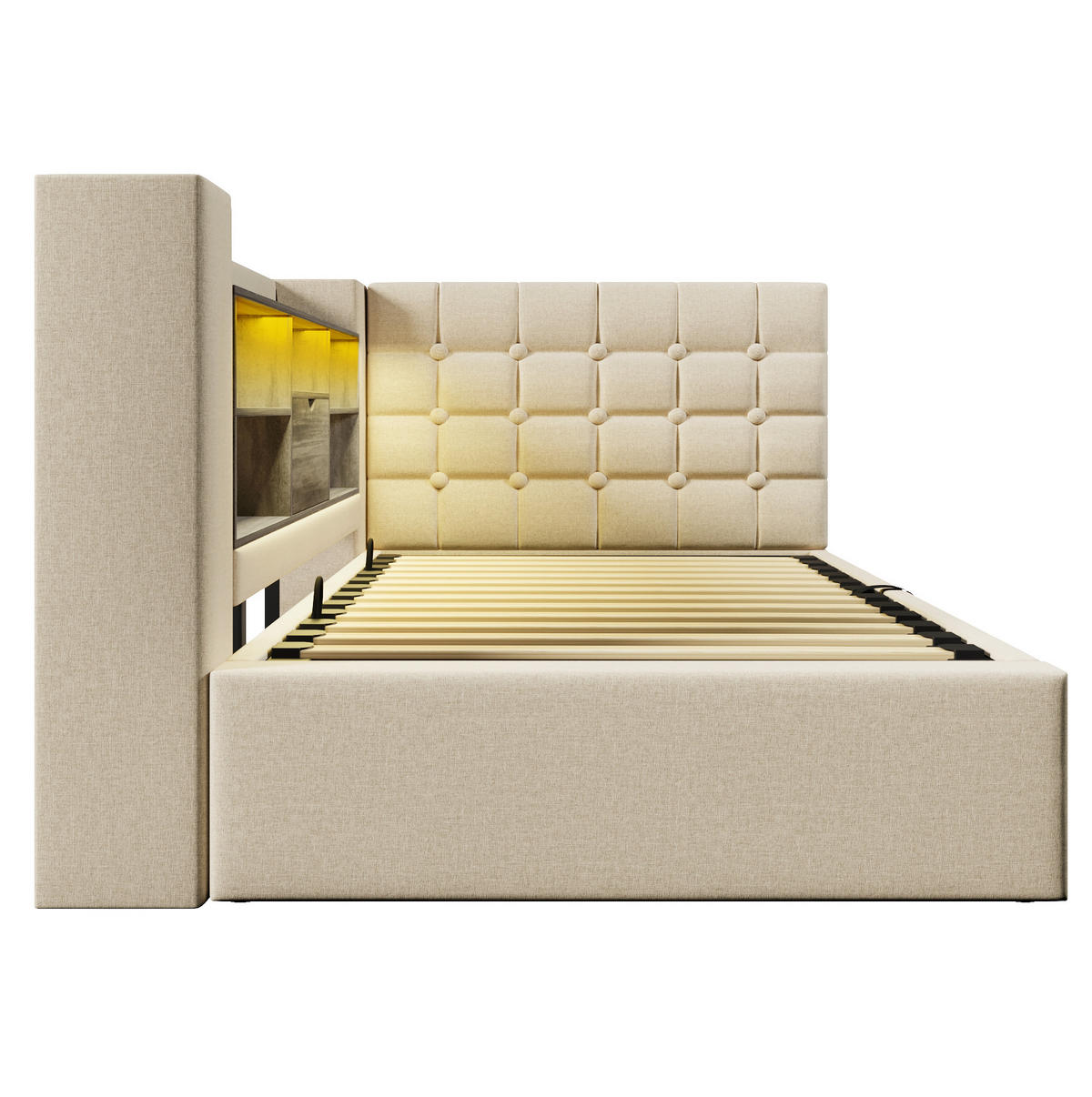 POLSTERBETT 90/200 cm mit LED-Beleuchtung, USB-Anschlüssen, hydraulischem Stauraum und L-Kopfteil aus Leinen, Beige - Beige, Textil (90/200cm) - Redom