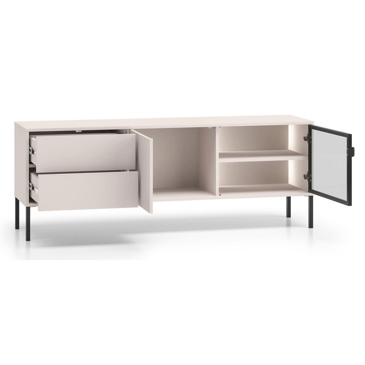 TV-LOWBOARD Barnee mit beleuchteter Glasvitrine, Kaschmirgrau, 160 cm - Taupe/Schwarz, Holzwerkstoff/Metall (160/58.9/40cm) - Selsey