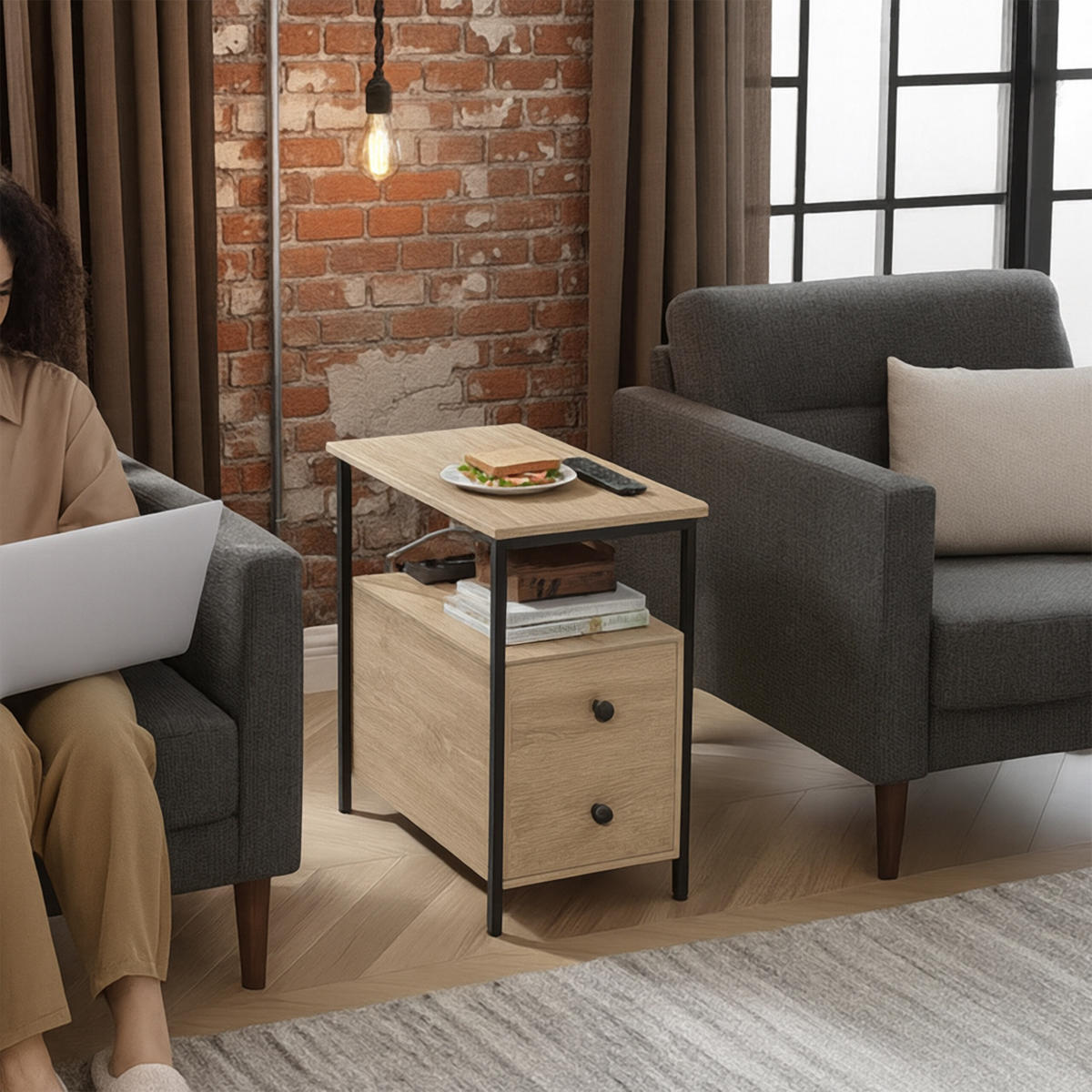 BEISTELLTISCH - Hellbraun, Holzwerkstoff/Metall (60/35/61cm) - Relaxdays