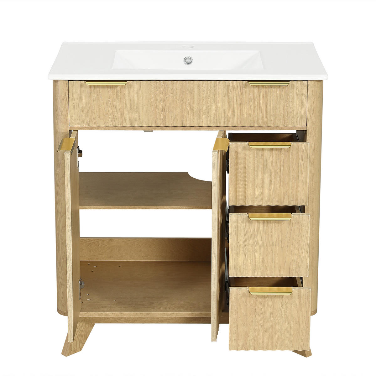 BADEZIMMERSCHRANK Wellenoptik Holzton 3 Schubladen 81cm - Naturfarben, Keramik (81/90/47cm) - FLIEKS