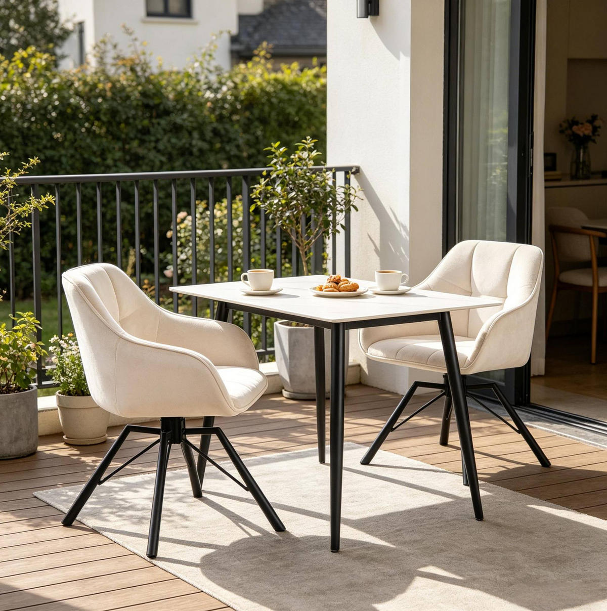 ESSSTUHL 2er-Set drehbar mit Armlehnen Samt Cream White - Weiß, Metall (54/82.5/57cm) - Meubliv