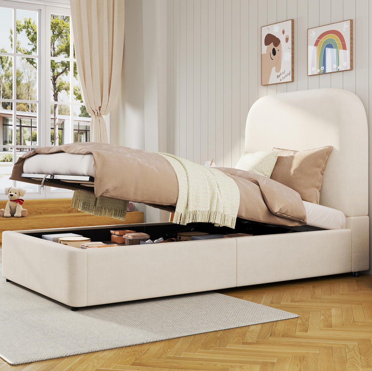 KINDERBETT 90/200 cm mit hydraulischem Bettkasten, Lattenrost und gepolstertem Kopfteil aus Samt, Beige - Beige, Textil (90/200cm) - Redom