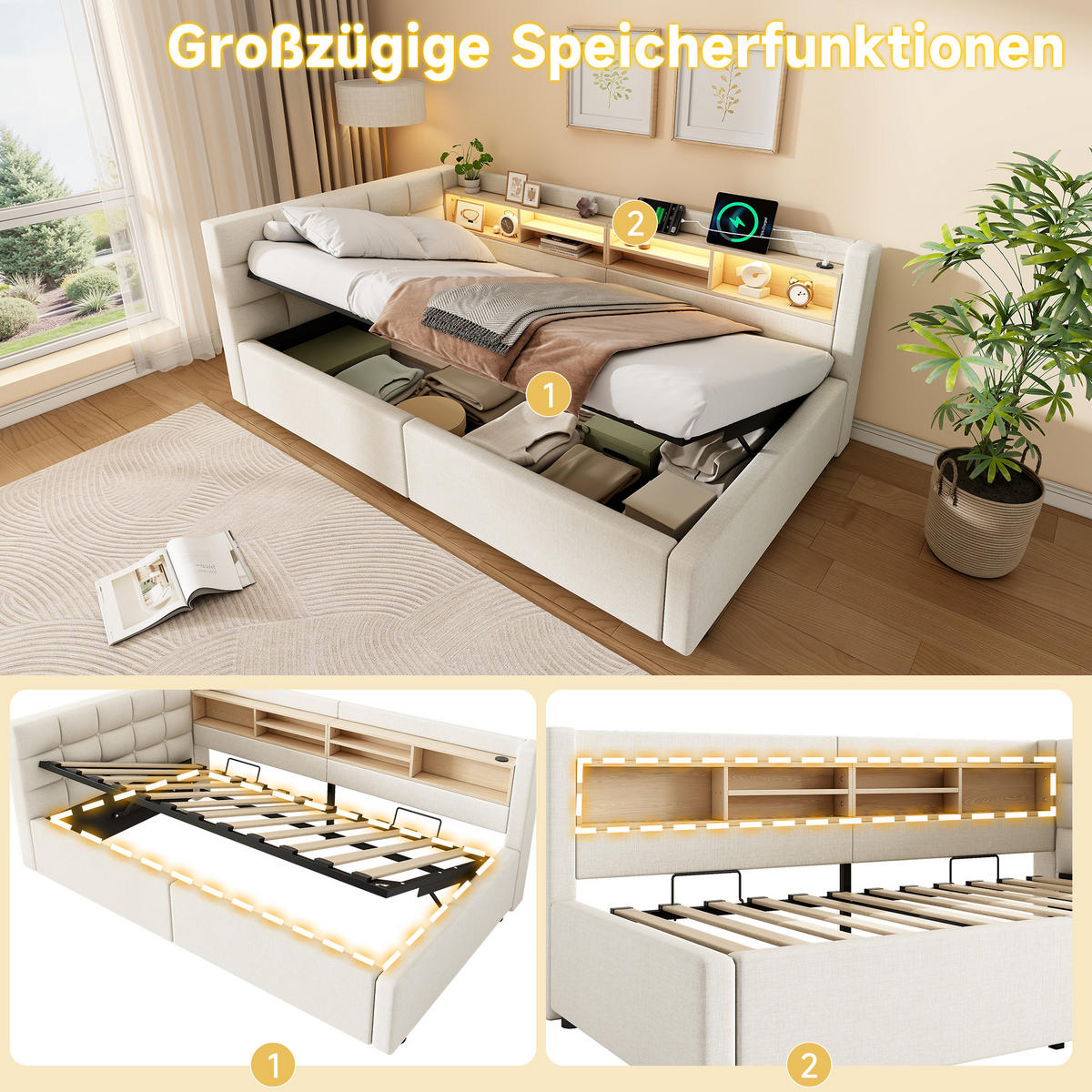 TAGESBETT 90x200cm Schlafsofa Hydraulik LED USB Beige - Beige, Naturmaterialien (90/200cm) - FLIEKS