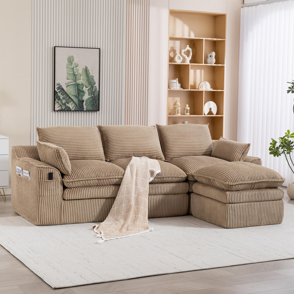 3-SITZER ECKSOFA Cord Khaki mit Hocker und Kissen - Hellbraun, Textil (263/167cm) - WISHDOR