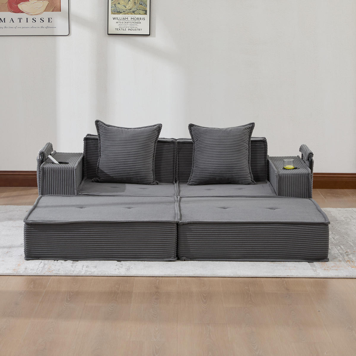 SCHLAFSOFA 162/78/66 cm Dunkelgrau Cord mit seitlichem Stauraum und Getränkehaltern - Dunkelgrau, Textil (162/66/78cm) - Oxeza