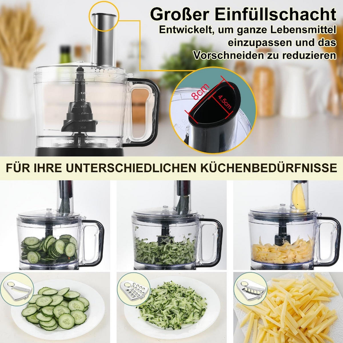 KÜCHENMASCHINE 6-in-1 , MULTIFUNKTIONAL, mit Zerkleinerer und Knethaken, Kunststoff und Edelstahl, für die Küche, 2 l - Silberfarben, Metall (26/28.3/39.52cm) - Rolipo