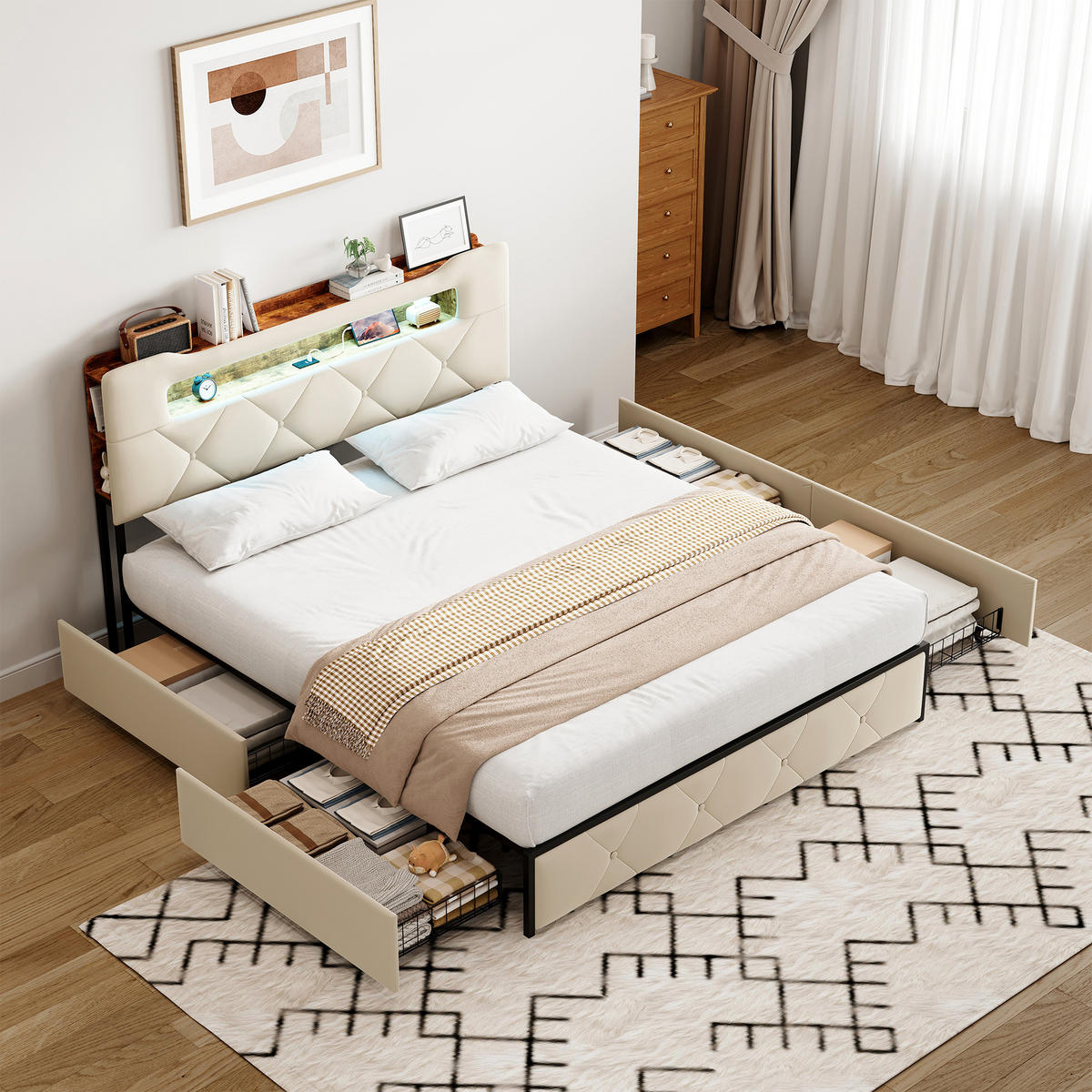 POLSTERBETT 140x200 cm Beige Stoff LED USB 4 Schubladen - Beige, Holz (140/200cm) - SHOPENTRA